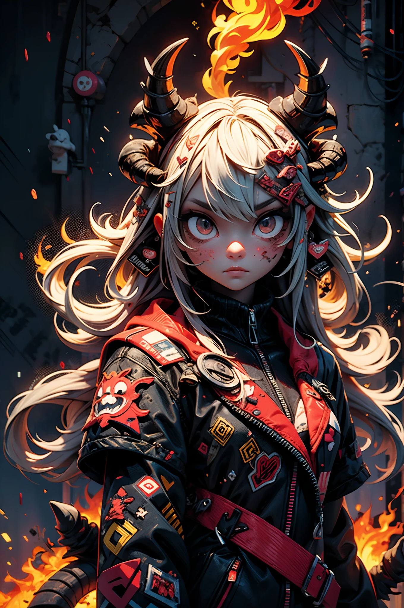 masterpiece, best quality, ultra detailed, beautiful shading, cinematic ligthing, studio lights, cute, kawaii, girl made out of flames, monster girl, she has 3 horns, one is glowing red, fire, destruction, anger, mystery , eerie, adakjda, 000