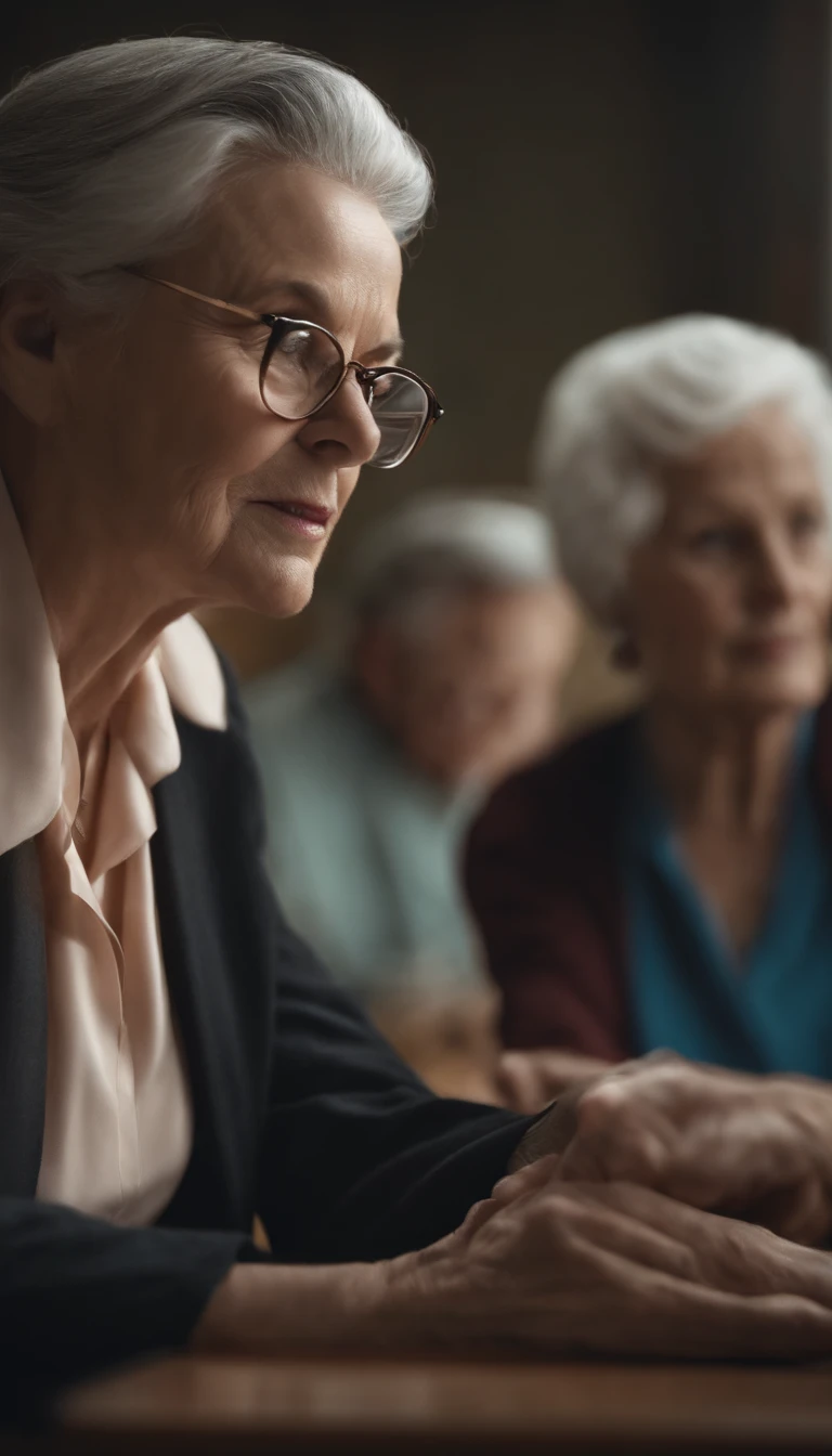 In the classroom,The teacher is lecturing the students,Elderly teacher with gray hair,wears glasses,closeup cleavage,sharp focus on eyes,8k,super-fine,oil painted,Hyper-realistic,best qualtiy