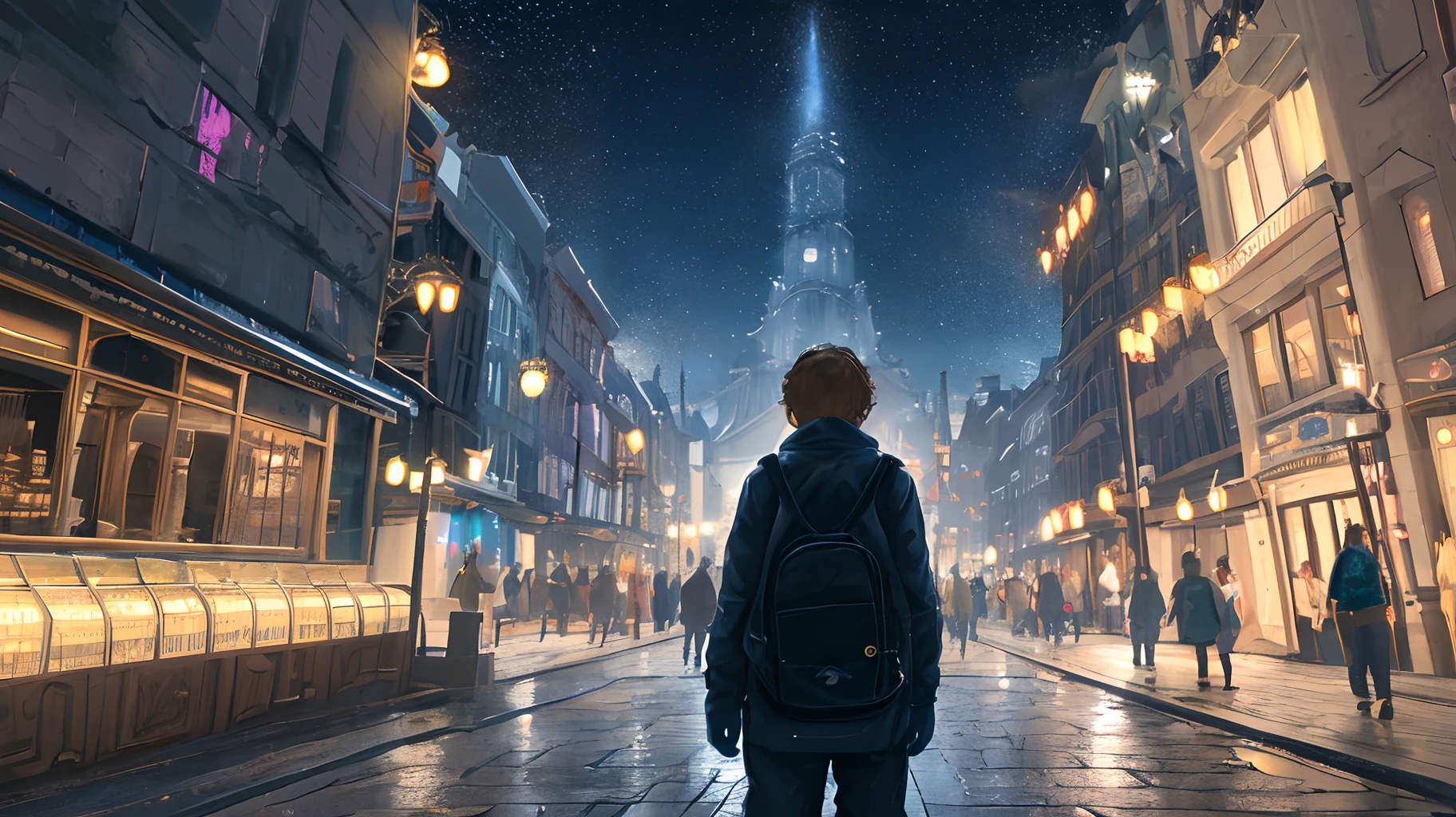 "Imagine a night image in a seventeenth-century city.. La escena se desarrolla en unas estrechas callejuelas empedradas, donde la luz escasa y tenue permite apenas vislumbrar los contornos de los edificios antiguos. En el centro de la imagen, A lonely person walks with determination, holding in his hand a handheld flashlight that emits a yellowish and warm light. La luz de la linterna se filtra entre las densas sombras de los edificios, creando un juego de luces y sombras en el entorno. A medida que la persona avanza, The light of the flashlight illuminates his face and highlights the expression of curiosity and caution in his eyes.. Mientras tanto, The cobbled streets are dotted with small spots of light, reflejadas en charcos que se forman por la lluvia reciente. The overall atmosphere is mysterious and evokes a sense of intrigue in the viewer., inviting you to imagine what stories and secrets may be hidden in those charming night streets of the city of 1600.”
