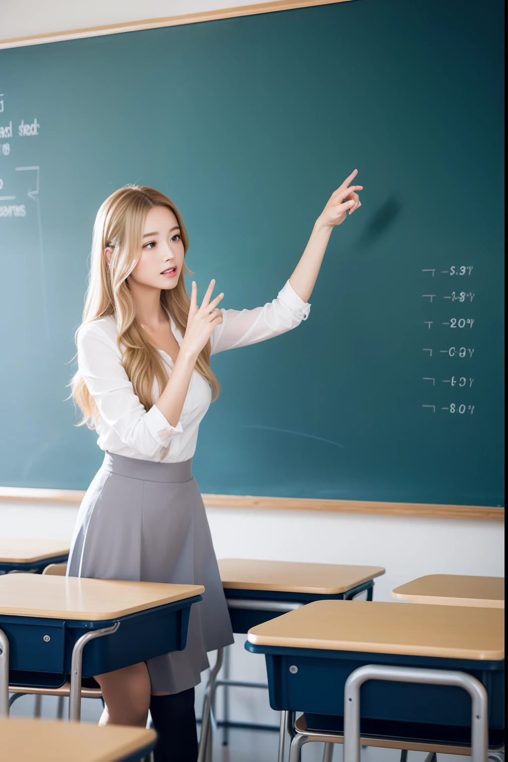 In the classroom,The teacher is lecturing the students,Beautiful teacher. Digital illustration, Beautiful long blonde hair and angelic face, 16k, Ultra-high-quality rendering