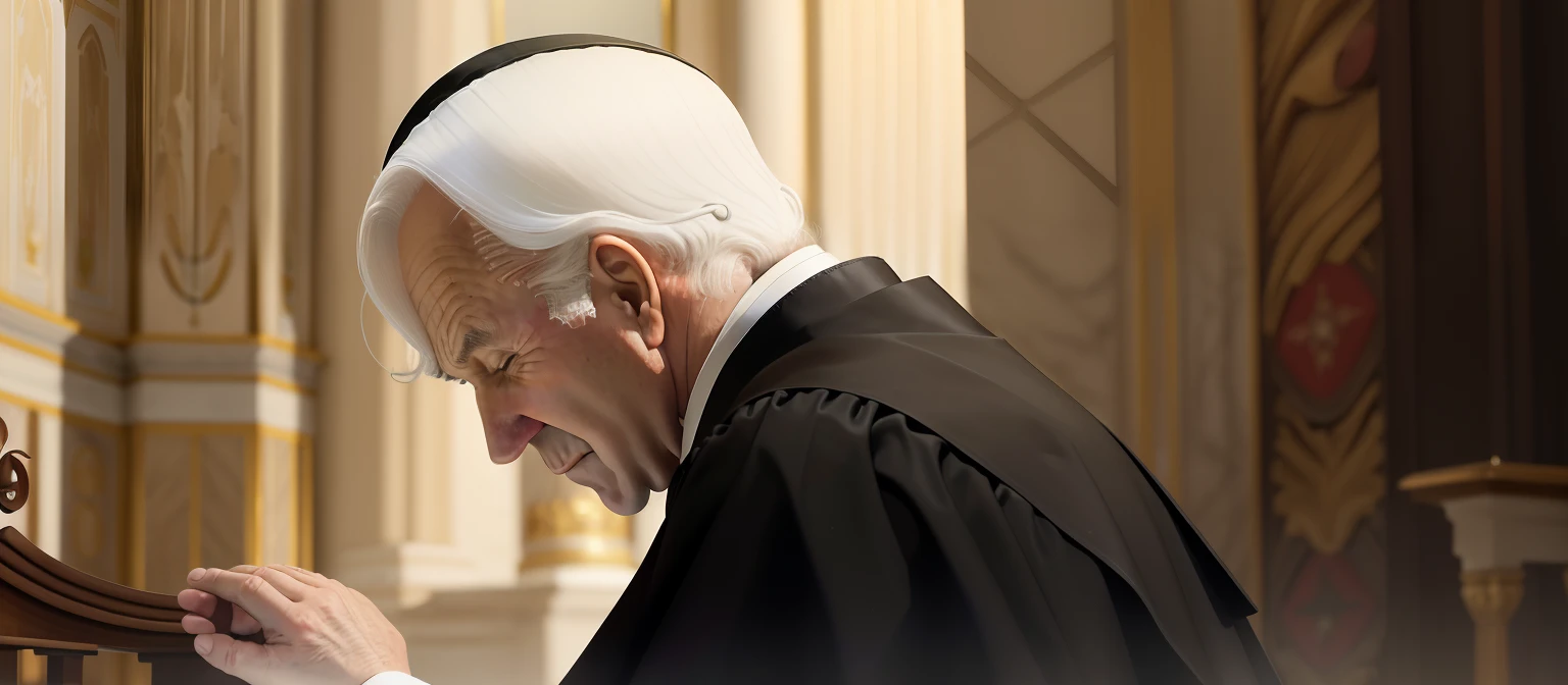 Man in black bathrobe and white hair is praying, Advogado curdo, Saul Goodman em Ace Attorney, Joe Biden como um mago do arco encapuzado, the pope wakes up is his bed, vestido como vestes de juiz, inspired by Pál Böhm, juiz, powdered wig, white hairs, inspirado em Cagnaccio di San Pietro