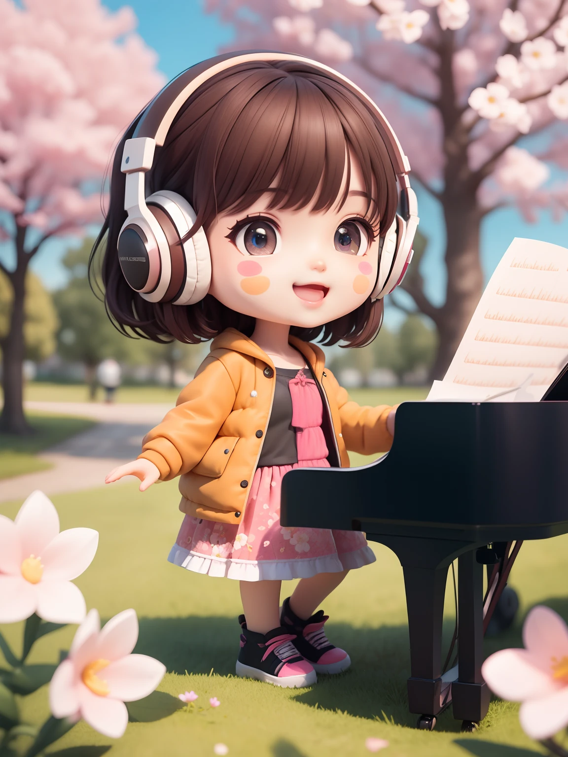 (masterpiece),(best quality),(ultra-detailed), (full body:1.2), solid background 1girl, chibi,cute, smile, open mouth, outdoors, playing ((piano)),music, jacket, blush, tree, :3, shirt, short hair, cherry blossoms, blurry, brown hair, blush stickers, long sleeves, bangs, headphones, black hair, pink flower, (beautiful detailed face), (beautiful detailed eyes),