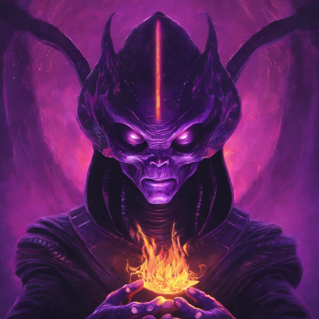 Um Mago das Trevas de RPG, Holding flames in both hands, His face is behind a magic triangle in purple color