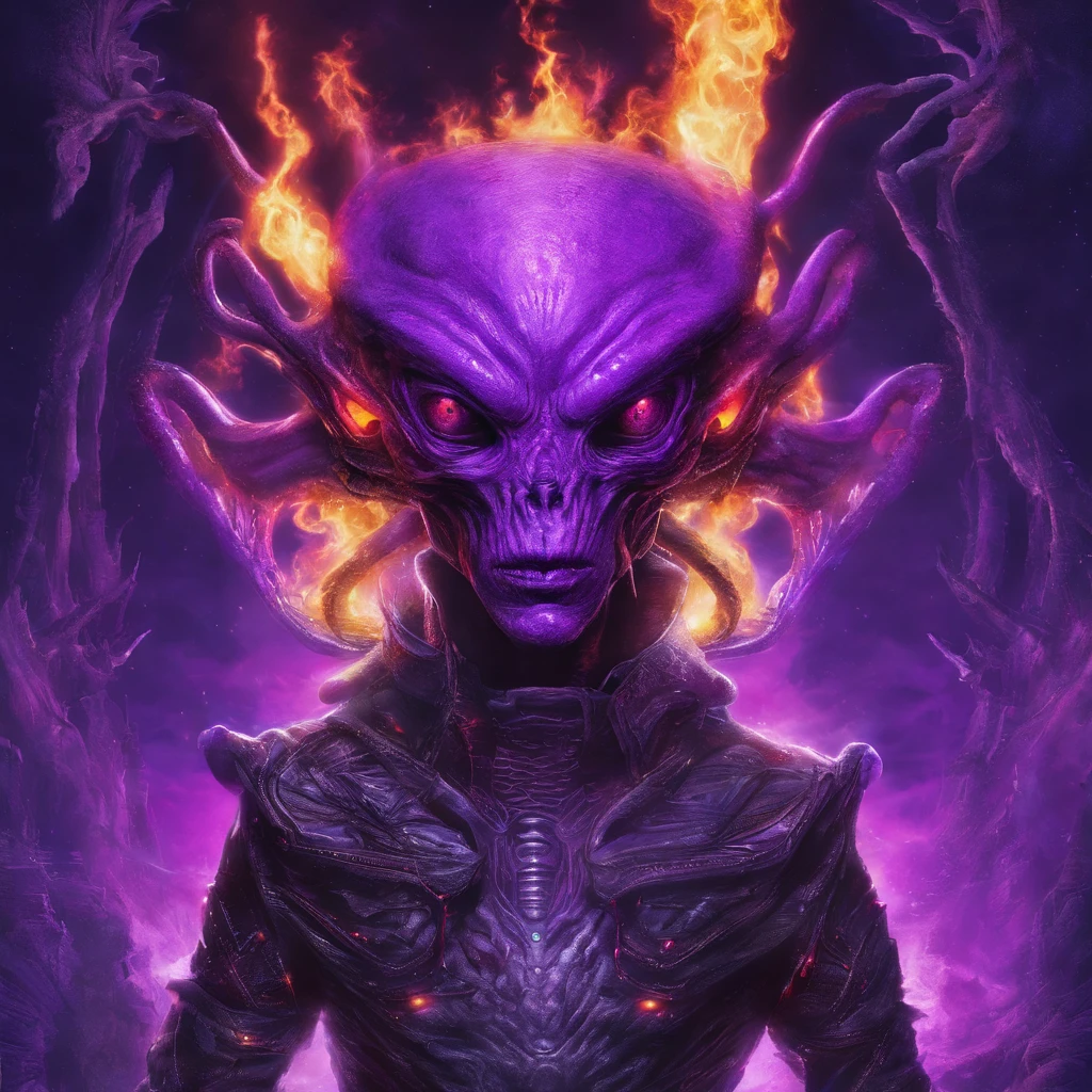 Um Mago das Trevas de RPG, Holding flames in both hands, His face is behind a magic triangle in purple color