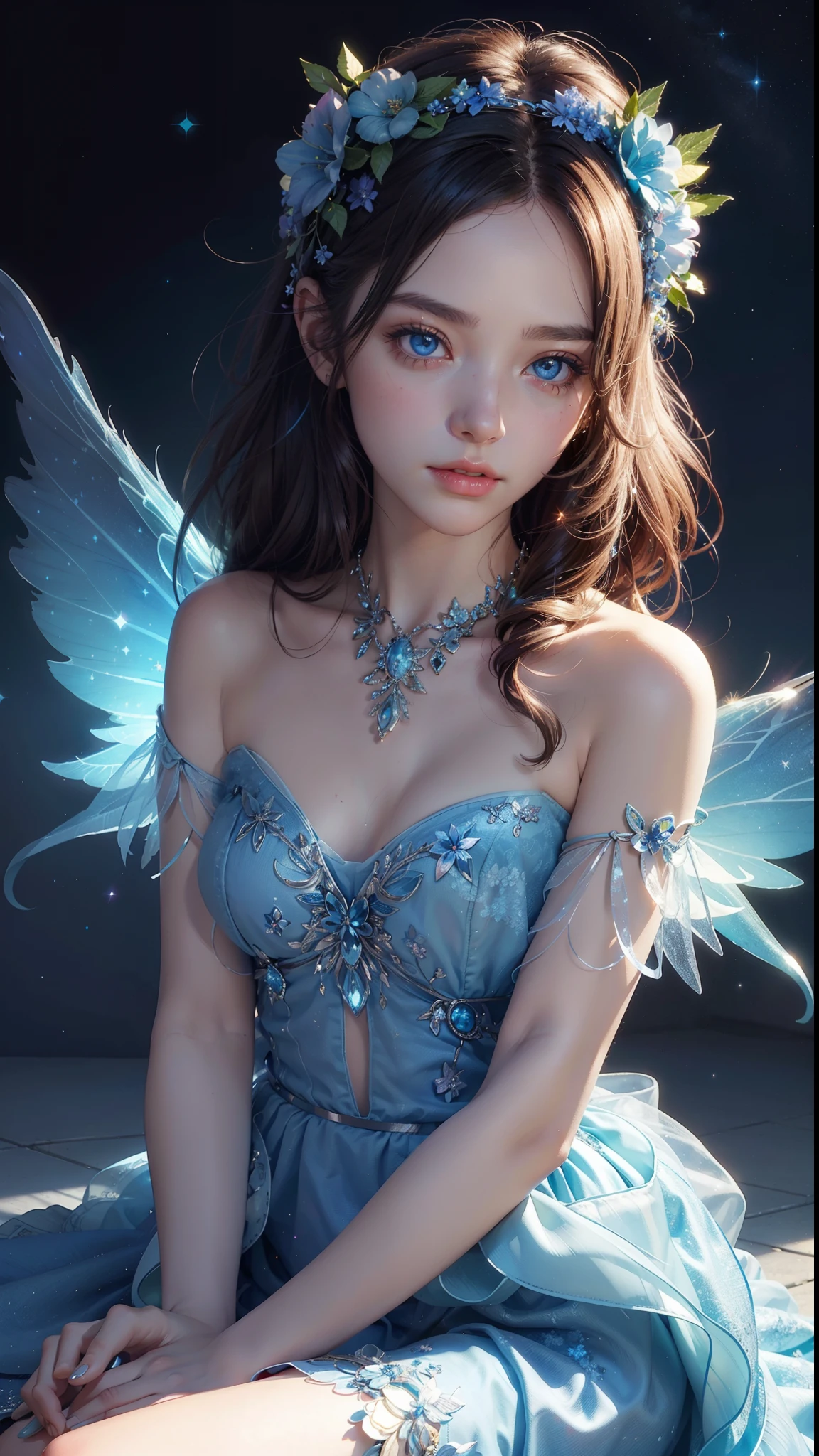 4k ultra hd, masterpiece, a girl, good face, detailed eyes, detailed lips, flower fairy girl, transparent blue wings, neon lights, magnificent background, blue dress, flower crown, starry sky background, sitting in a divine light,