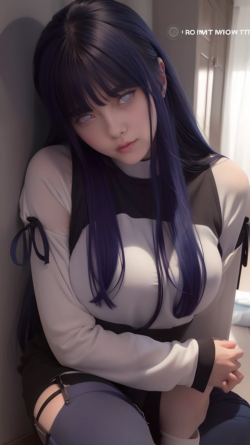 Hinata hyuga A woman was sitting in a room. He seemed to be wearing a silver colored shirt. And dark blue. He has blue hair. A long one. Straight. Unraveling. No strings attached. He had a white as snow. And rosy cheeks. And those little red lips. He was looking into the camera. With a faint smile. So pretty and realistic
