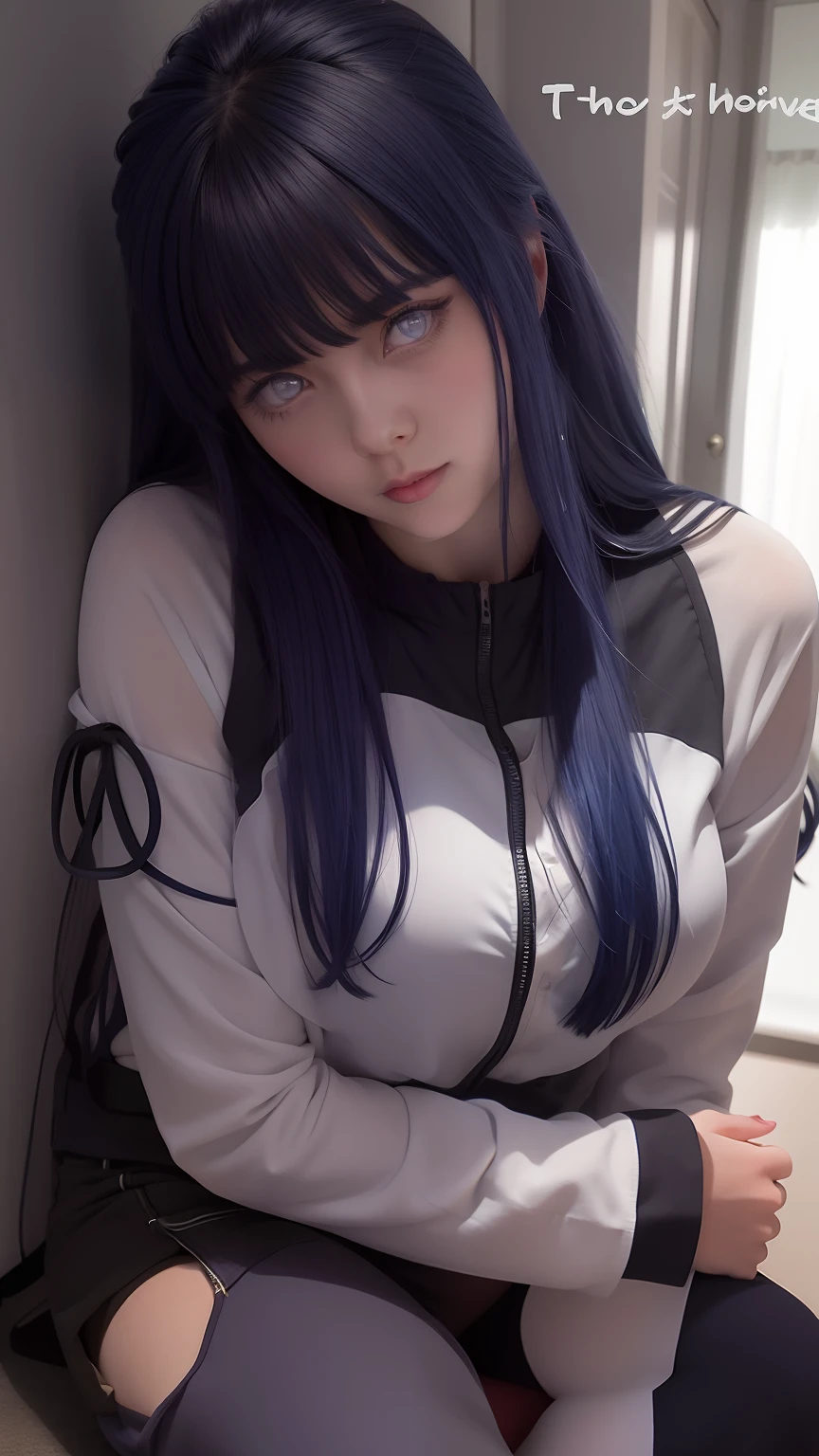 a close up of a person with long hair and a hoodie, hinata hyuga, hinata hyuga from naruto, from naruto, as an anime character, perfect anime face, she has dark blue hair with bangs, female anime character, anime character, anime best girl, hime cut hairstyle, dark blue hair, (red glossy lips:1.3), light purple eyes, smile, (beautiful face:1.3), large breasts, big breasts, detailed genitals, realistic genitals,