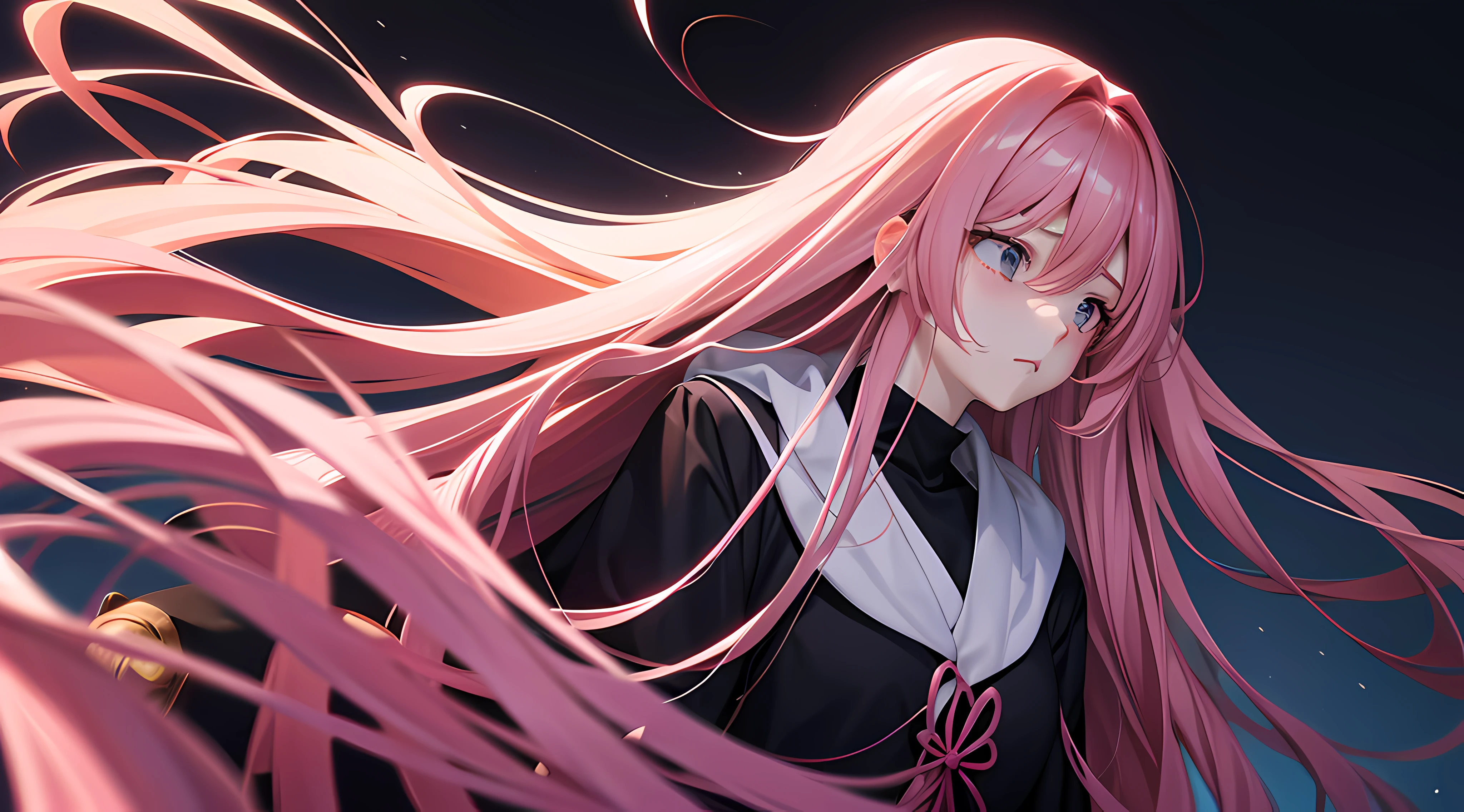 Pink long-haired girl aesthetic anime Japanese sad girl, Black background, facing camera, Grief vibes,  high technology,