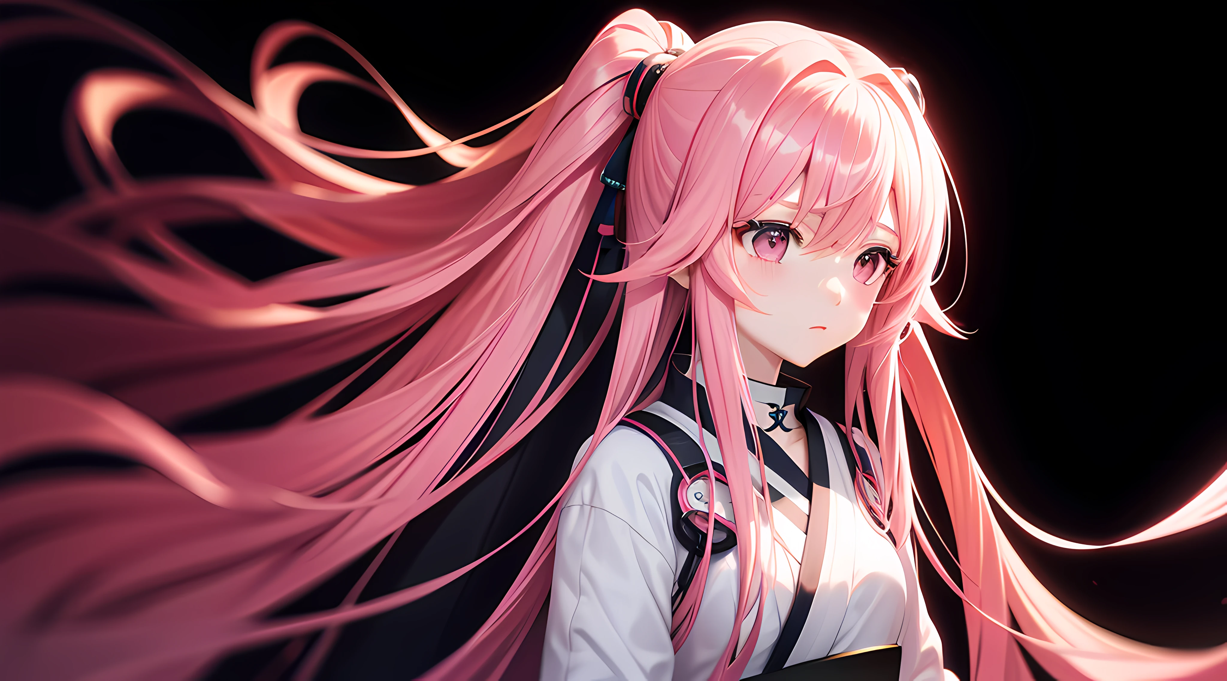 Pink long-haired girl aesthetic anime Japanese sad girl, Black background, facing camera, Grief vibes, high technology,
