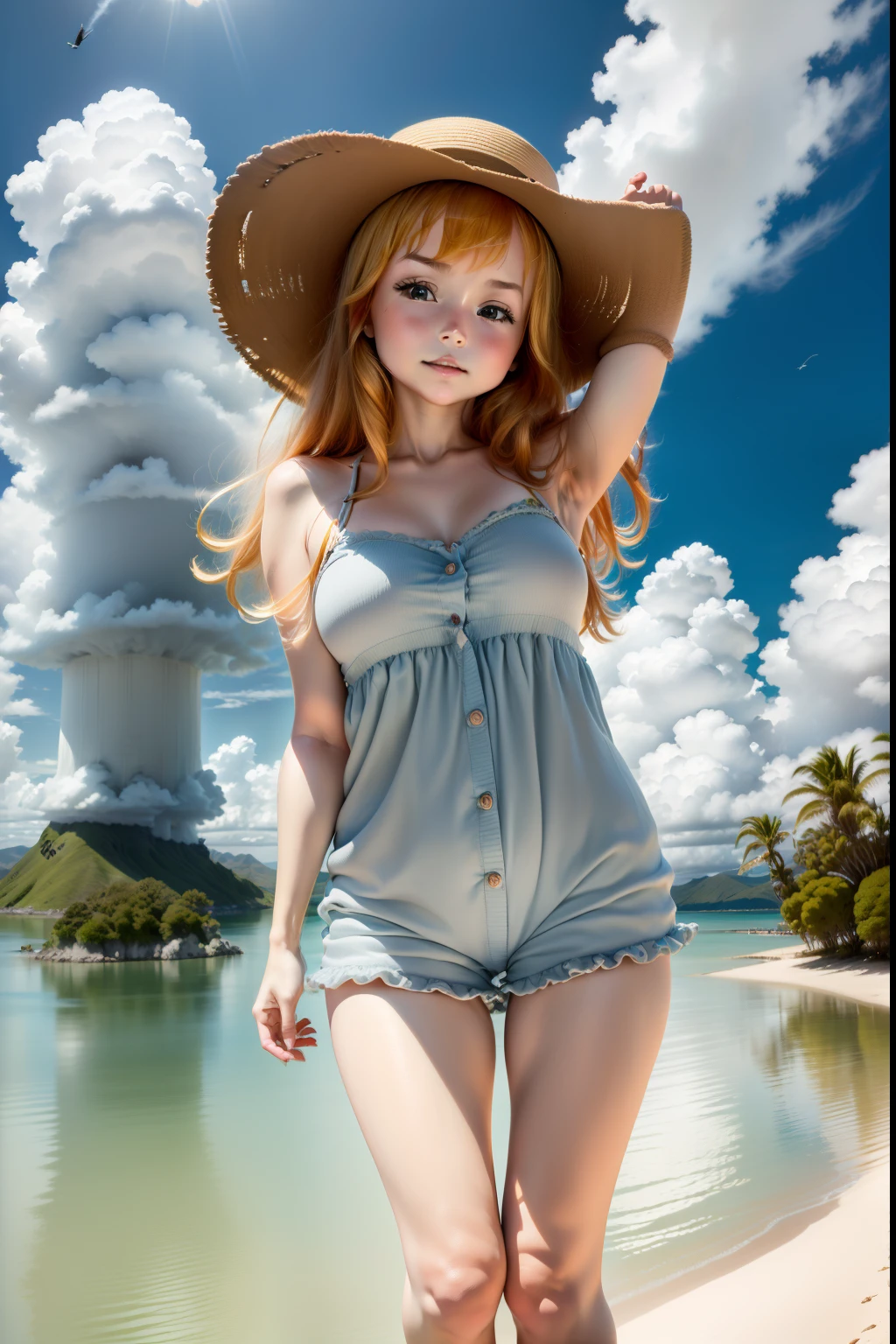 ((Extremely detailed)),, (8K), Best Quality, (Beautiful),((masutepiece)), ((Best Quality)), Beautiful girls,Realistic portraits,a straw fedora hat, (Ultra-detailed), ((kawaii)), Cute, (lovely),plein air、blured background:1.5、((South Island、Palm trees、Blue Sea、blue open sky、cumulonimbus clouds、Into the cloud))