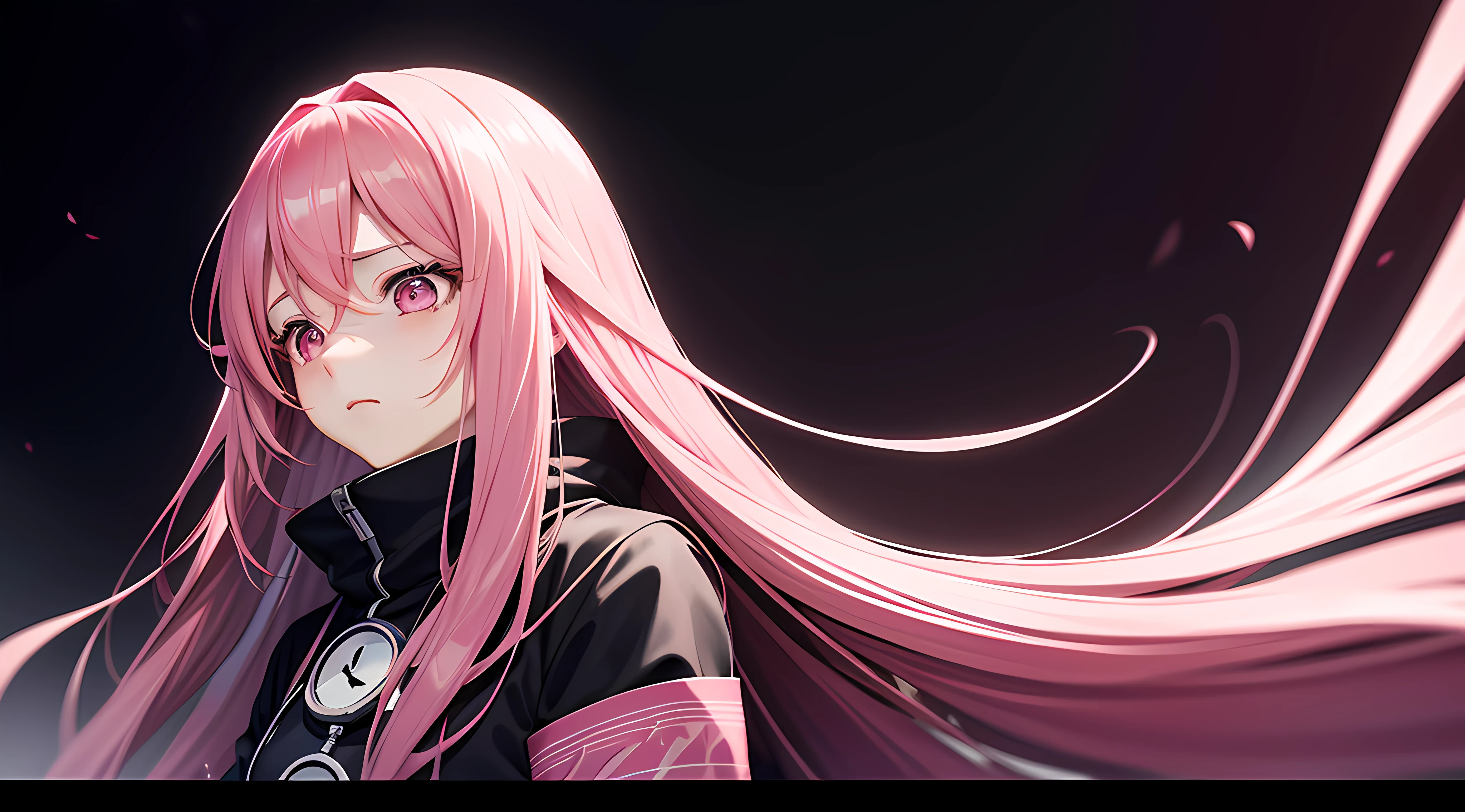Pink long-haired girl aesthetic anime Japanese sad girl, Black background, facing camera, Grief vibes, high technology,