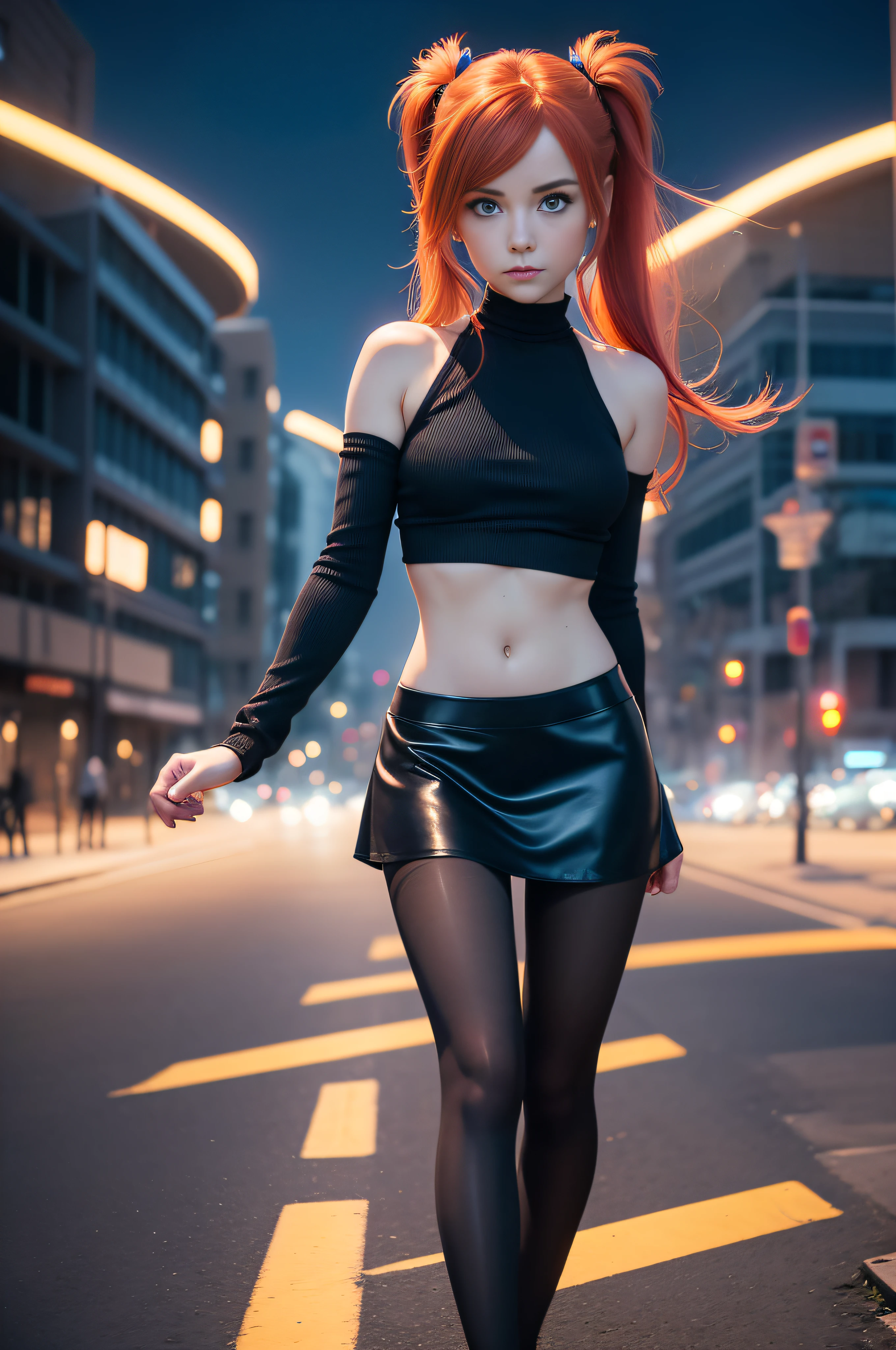 1 girl, solo, (nsfw), cute redhead 18-year-old girl in twin tails, ((perfect female body)), (cute face make up), multiple (rainbow colored hair: 1.2), (beautiful detailed blue eyes: 1.6), (photo realistic eyes: 1.6), happy, Ukrainian, (petite body), ((small hips)), pale white skin, (mini skirt and tube top), (matte pantyhose: 1.6), ("tron legacy" style background}, (night time), photo realistic.
