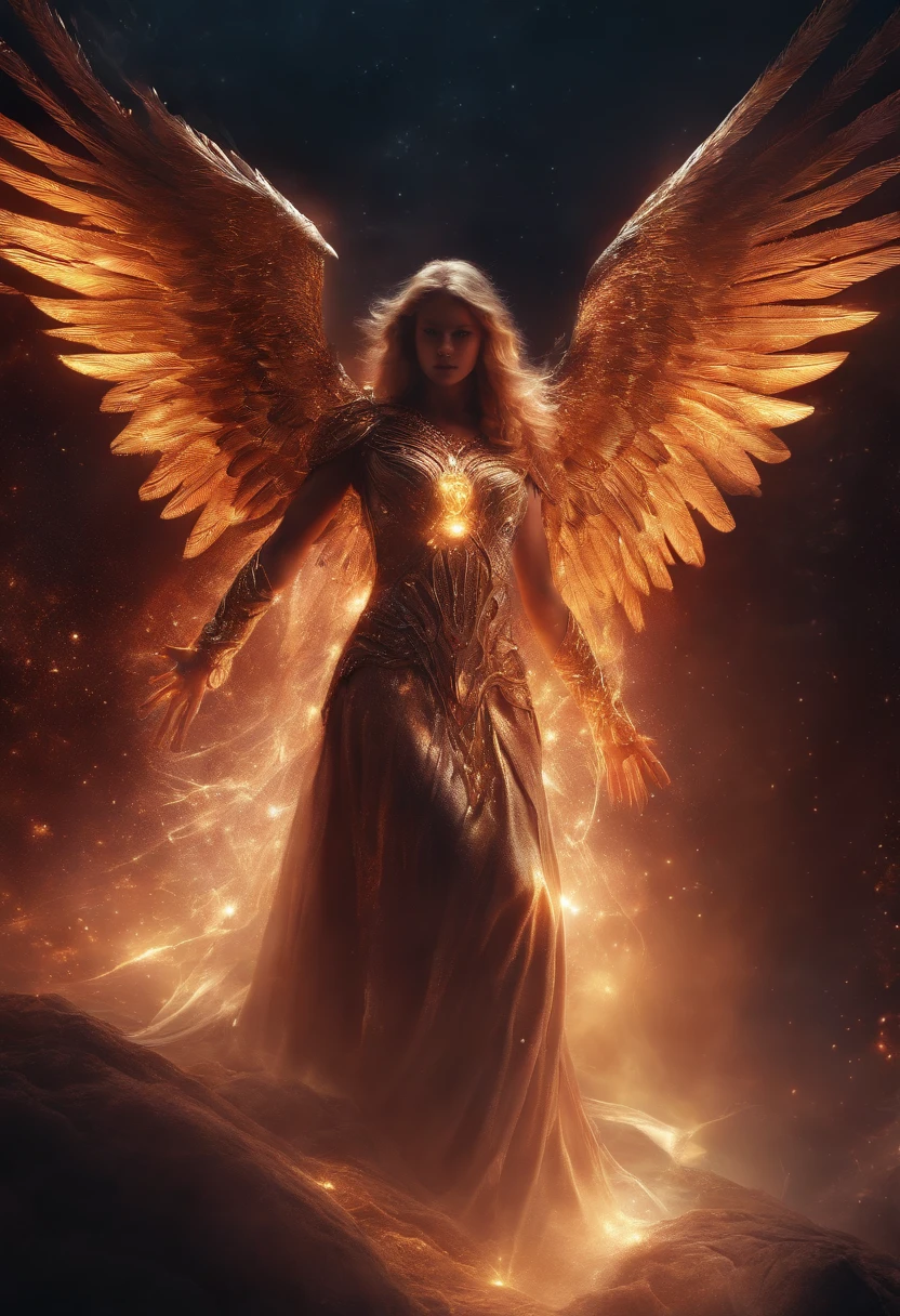 Cosmic Fallen Angel, shining eyes, Biomechanics, wonderful, Scary, nightmare, The colors are very bright., light particle, With a shining light., Mshiff, Wallpaper Art, UHD wallpaper