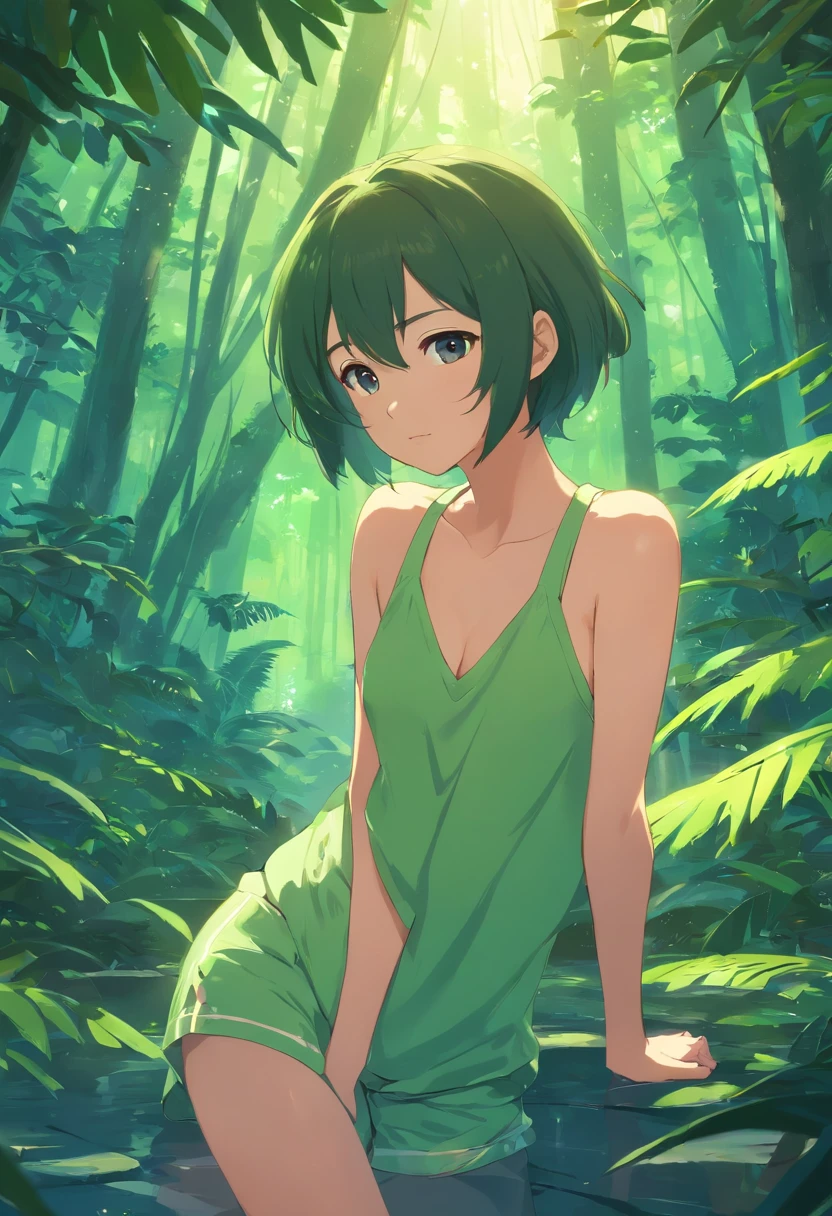 gorgeous lamia girl, sitting in swamp, seductive smile, jewelry