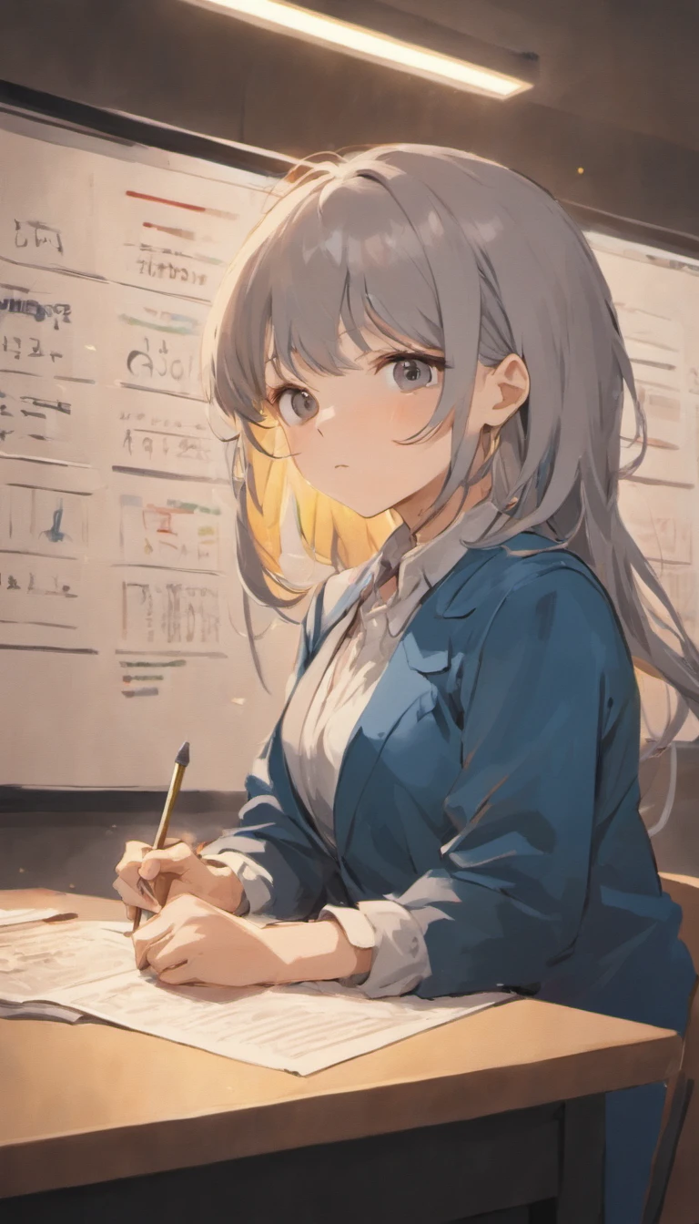 In the classroom,The teacher is lecturing the students,Gray-haired old teacher,Asian people,wears glasses,closeup cleavage,sharp focus on eyes,8K,super-fine,oil painted,Hyper-realistic,best qualtiy