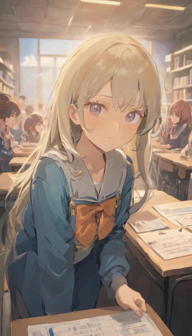 In the classroom,The teacher is lecturing the students,Gray-haired old teacher,Asian people,wears glasses,closeup cleavage,sharp focus on eyes,8K,super-fine,oil painted,Hyper-realistic,best qualtiy