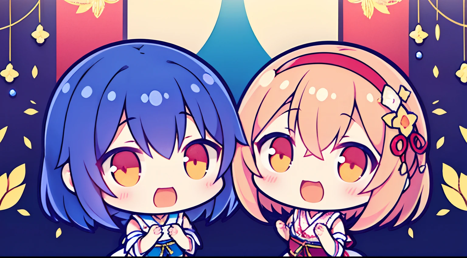 Two girls standing in front of a painting、laugh face、Water droplets on the cheeks、Dance Practice、Revolutions、bustup、Eye Up、Flowing iridescent silk、Hibiscus petals