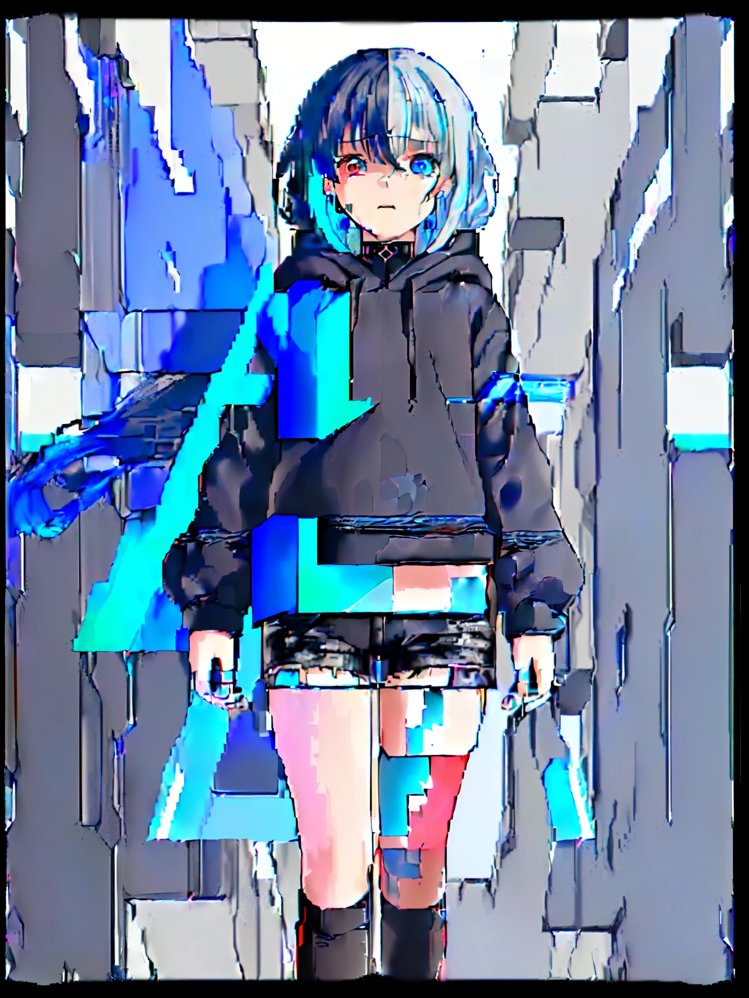 (one girls, About 10 years old, Straight in front, Blue hair, Long hair, Futuristic clothes, Black hoodie, Black shorts:1.2), (Heterochromic, Blue Eye, Red Eye:1.4), (widely opened eyes, is crying, Tears from the eyes:1.3), (Broken background, dark backgrounds:1.3), (glitched, glitched:1.5),