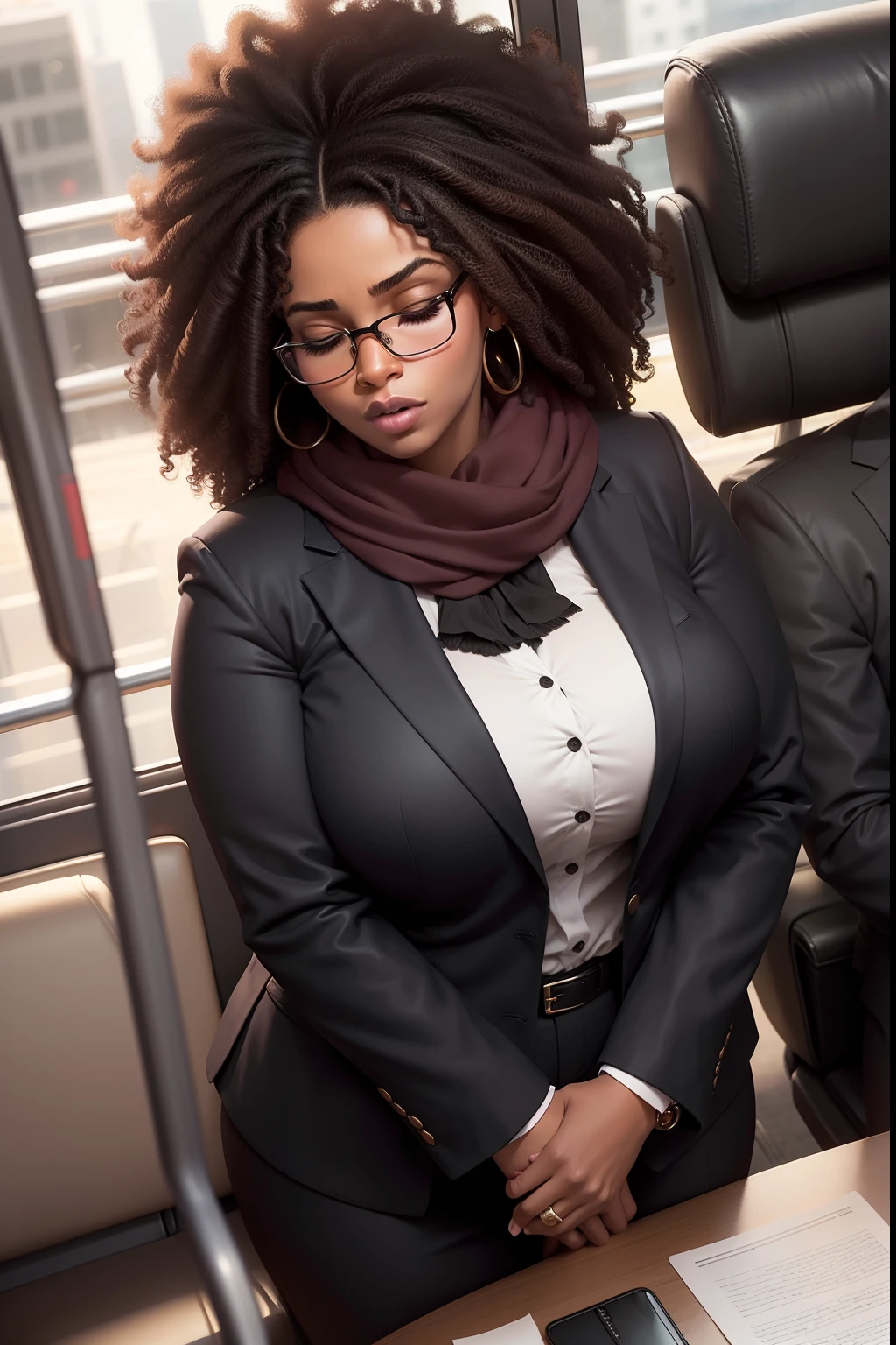 1 beautiful woman, big body, afro hair, brunette, sexy, glasses, black blazer, scarf, black formal pants, brown boots, arms crossed, black purse, mouth wide open, eyes closed, sleeping on the bus, photo from the side top, photo from top angle, Lucy Pinder, ((FAce portrait))., breasts, showing breasts, tits.