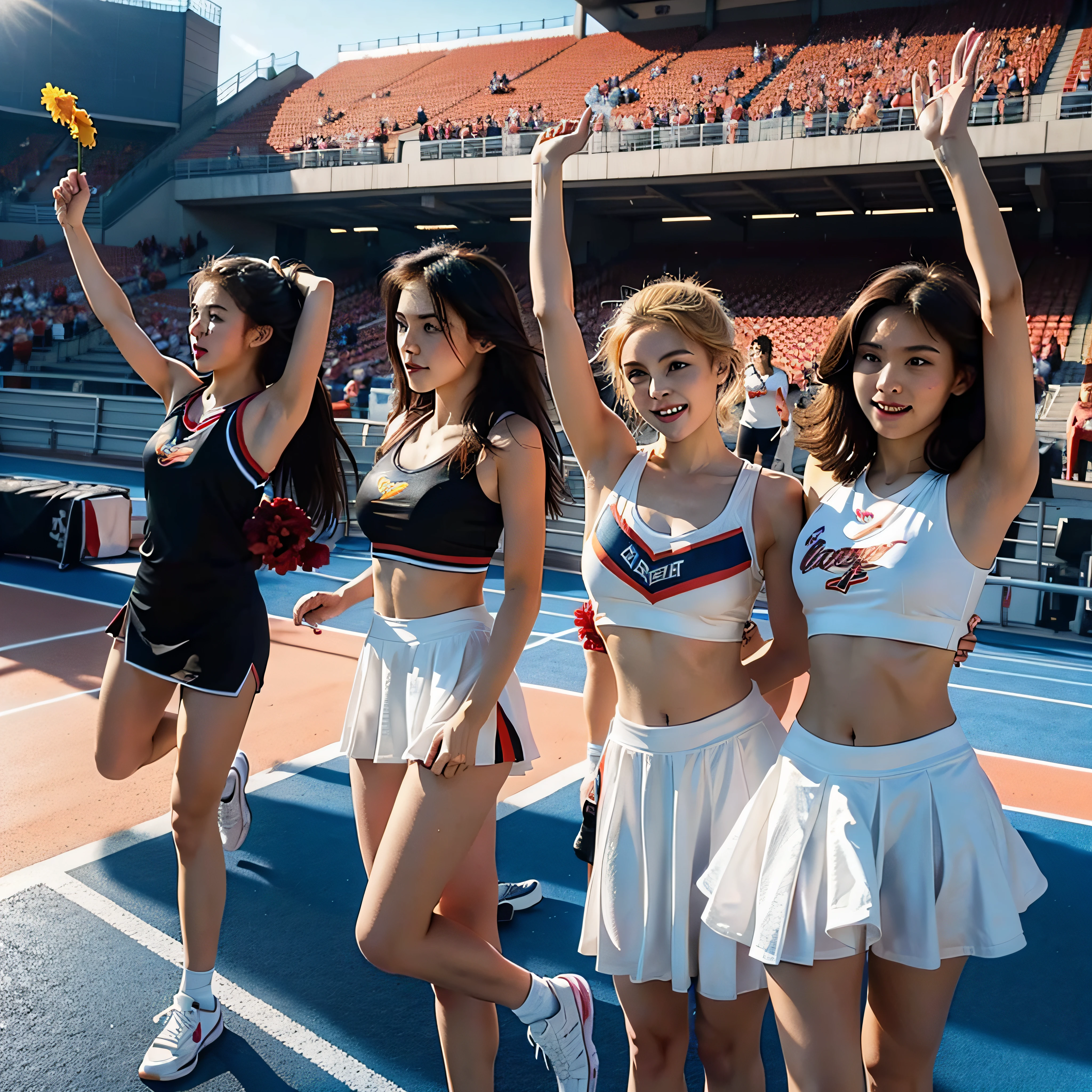 During the day, Sunnyday,Big Sun,Three cheerleading girls in the audience on the track cheered,surrealism, High detail, Cinematic lighting, Sparkle, Ray tracing, Glowing light, surrealism, hyper HD, Masterpiece, ccurate, Super detail, High details, High quality, Best quality, Award-Awarded, A high resolution, 8K,frontage,full bodyesbian,Top 3 cheerleading girls,There is a lot of spectators in the back,beuaty girl,Clear facial features,Cheerleading girls move differently,Holding a flower bulb,Flat viewing angle,Characters shrink,3 cheerleading girls standing side by side,There is a railing in front,,White sneakers,Stand at the top of the steps,The girl on the left holds the trophy in both hands,Frontal sunlight on the face