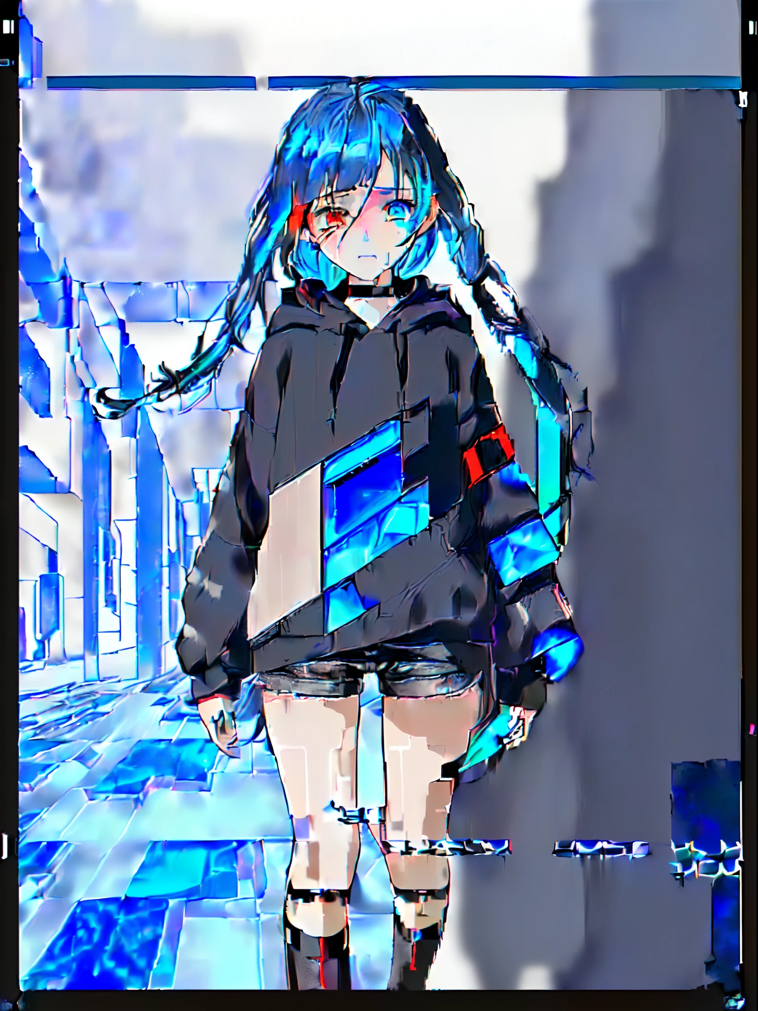 (one girls, About 10 years old, Straight in front, Blue hair, Long hair, Futuristic clothes, Black hoodie, Black shorts:1.2), (Heterochromic, Blue Eye, Red Eye:1.4), (widely opened eyes, is crying, Tears from the eyes:1.3), (Broken background, dark backgrounds:1.3), (glitched, glitched:1.5),