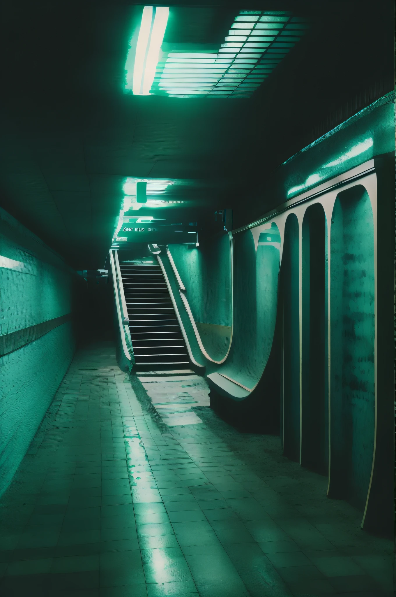 There is a metro station with a long staircase queue, subway station, Teal aesthetics, subway, with a spooky filter applied, on the subway, Dark underground, Deserted, inspired by Elsa Bleda, Aesthetics of liminal space, Spooky thriller aesthetic!!!!, beautiful image, Underground Scene, underground!!!!, Retro-futuristic melancholy, Desaturated!!, Spooky liminal space