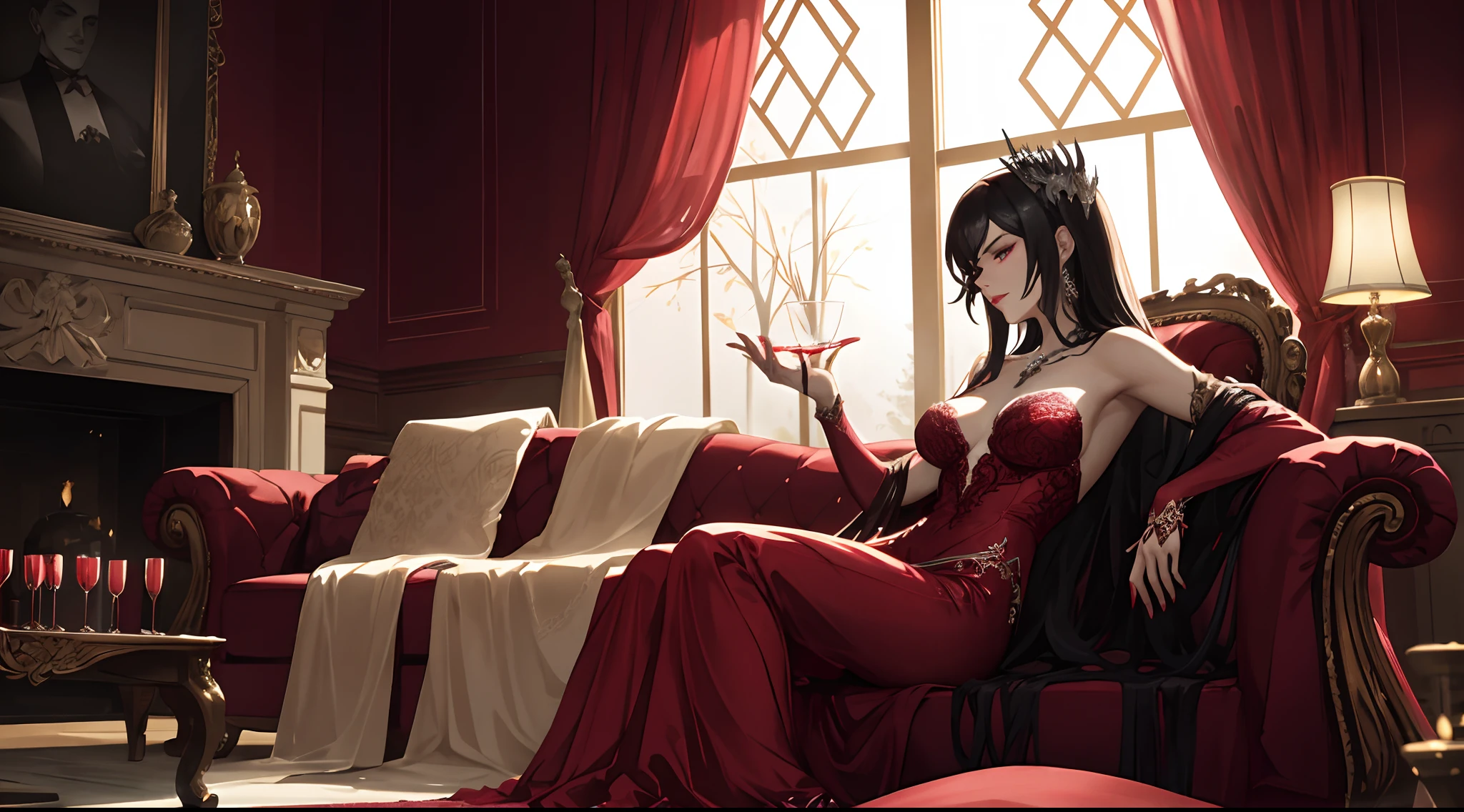 "Create a striking depiction of a timelessly elegant vampire, draped in a sumptuous scarlet dress that contrasts beautifully with the dark hue of the leather sofa. Her ink-black hair delicately frames her pale, angular face., tandis que ses yeux d'un rouge profond brillent d'une lueur surnaturelle. Her carmine lips seem ready to whisper ancient secrets. The folds of her dress and the refined details of the lace trim are rendered with meticulous precision. It leans nonchalantly on the armrest of the sofa, a thin, white hand holding a crystal cup containing a glowing liquid that emits a mystical glow. Reflections of silver and purple dance in the room, creating a mesmerizing ambience that perfectly captures the enigmatic essence of this nocturnal creature."