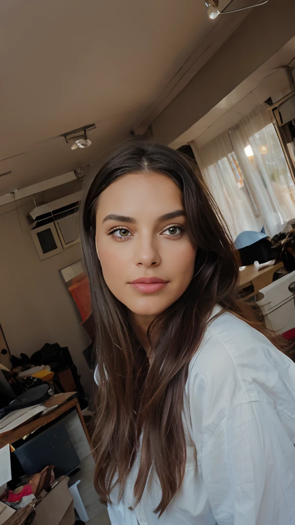 An urban adult female with a messy layered bob of long and curly brown hair, warm brown eyes reflecting compassion and kindness. Her self-assured demeanor and graceful figure exude elegance as she stands before an impressive urban white shirt and blue jeans, Clad in a sophisticated dark brown office frock and gladiator heels, she remains resolute in the face of an apocalyptic wind and weather. The photorealistic image captures her captivating presence amidst the chaos, and the sparkling eyes draw viewers into the compelling visual narrative of strength and determination , mixed race , smiling , looking away , 18 years old .