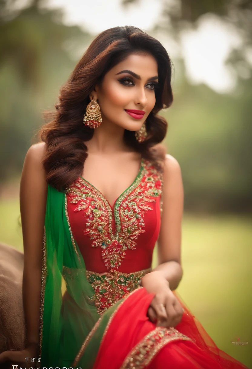 winner of Miss universe bangladesh the most beautiful woman, cute eyes, red and green dress, dynamic lighting, hype detailed, intricately detailed