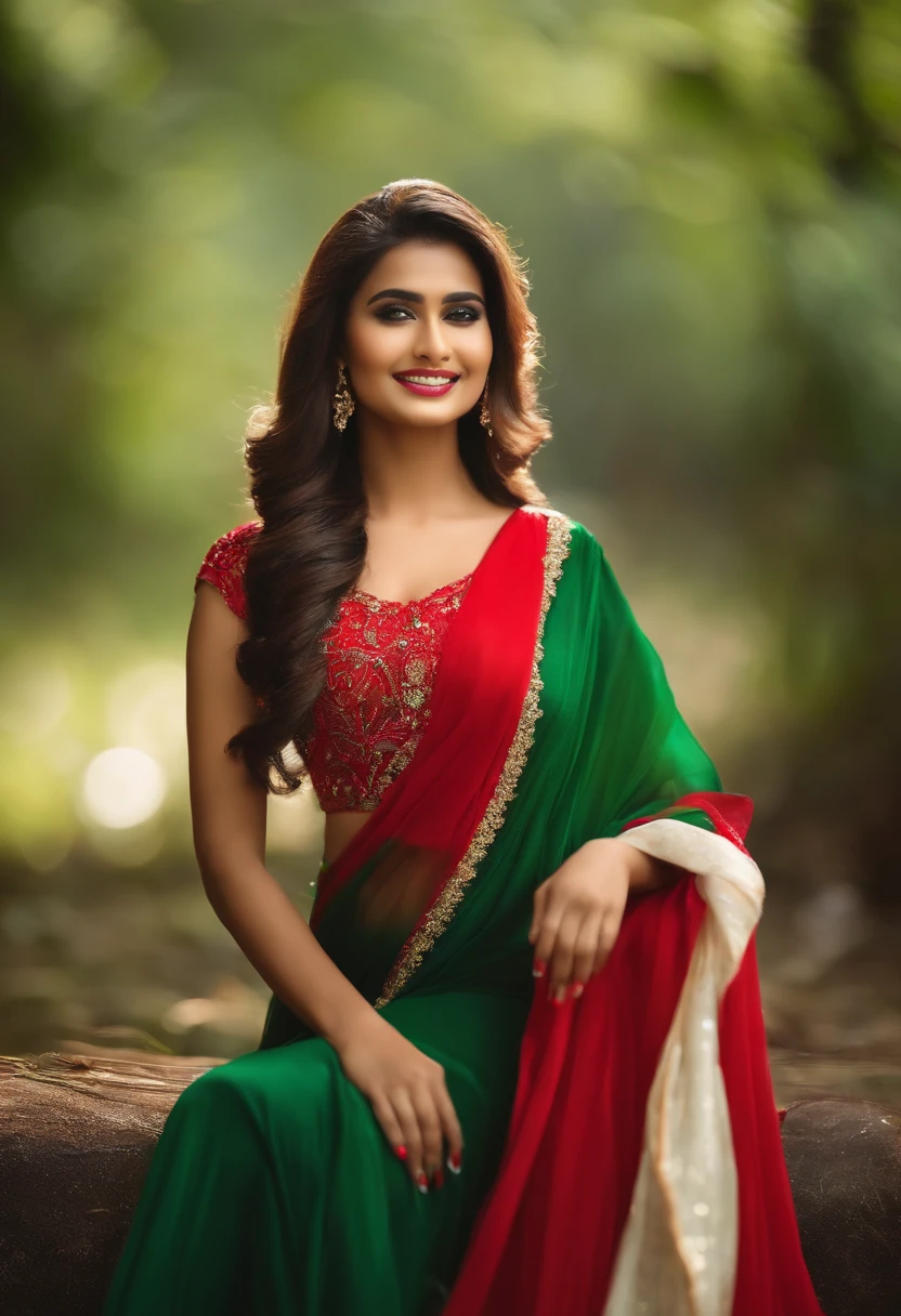 winner of Miss universe bangladesh the most beautiful woman, cute eyes, red and green dress, dynamic lighting, hype detailed, intricately detailed