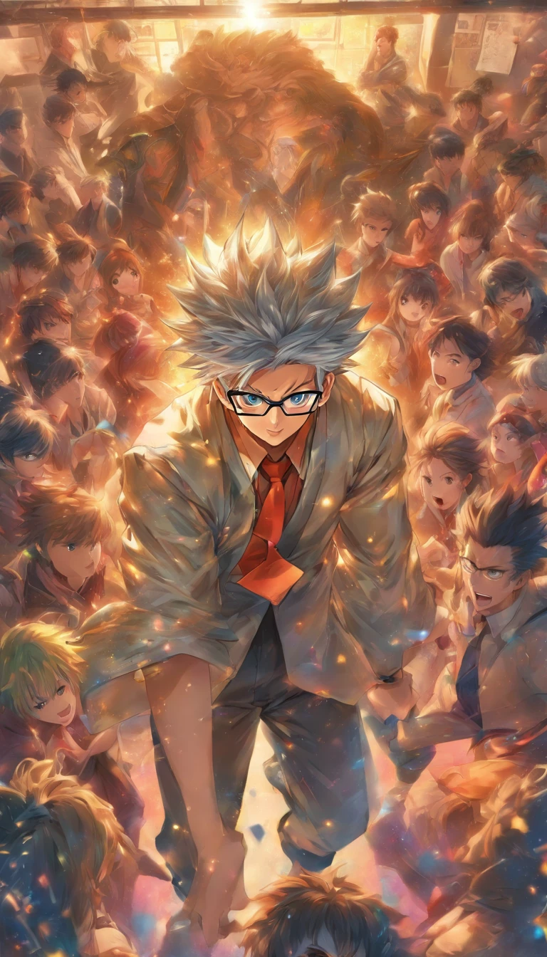 In the classroom,The teacher is lecturing the students,Gray-haired old teacher,Asian people,wears glasses,closeup cleavage,sharp focus on eyes,8K,super-fine,oil painted,Hyper-realistic,best qualtiy