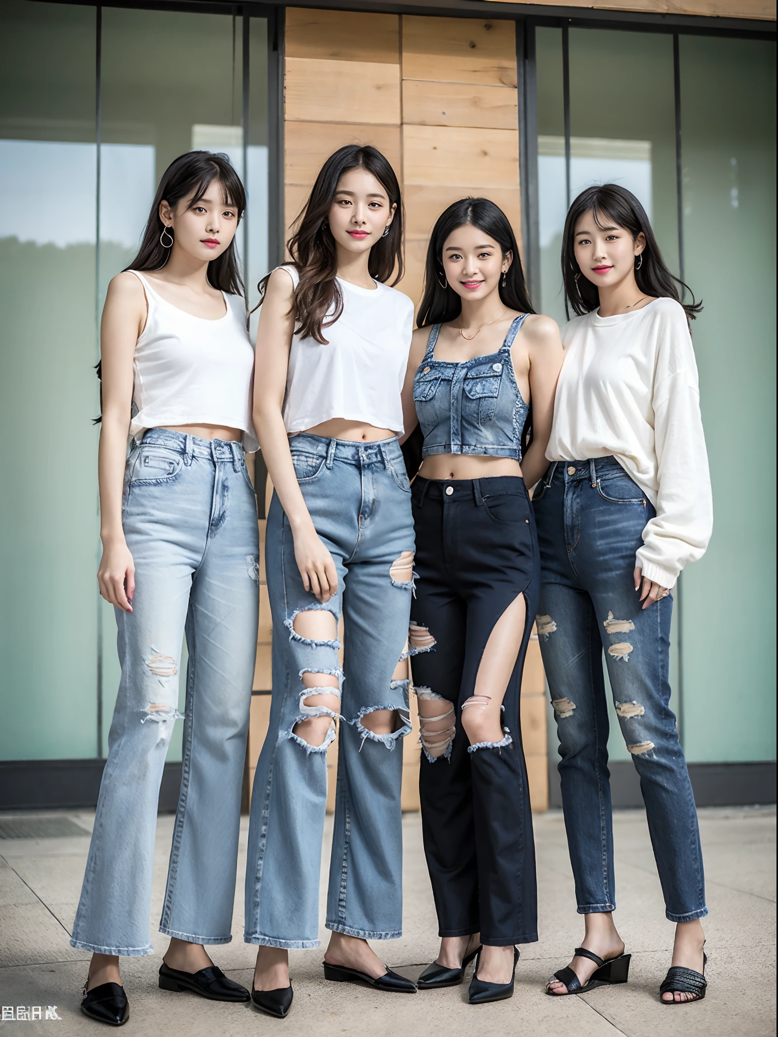 (RAW photo:1.2), (Photorealistic:1.4),Beautiful detailed woman,very detailed eyes and faces, A detailed eye, ultra - detailed, A high resolution, The is very detailed,best qualtiy,illustratio,unified,8k 壁纸,tmasterpiece,best qualtiy,A group of young women standing side by side in skirts, casual clothing style, casual modern clothing, blackpink, modern casual clothing, wearing casual cloths, female human body whole body, ( ( ( wearing denim ) ) ), Fashion clothing, photoshoot, wearing black clothes, wearing casual cloths,Nice shoes