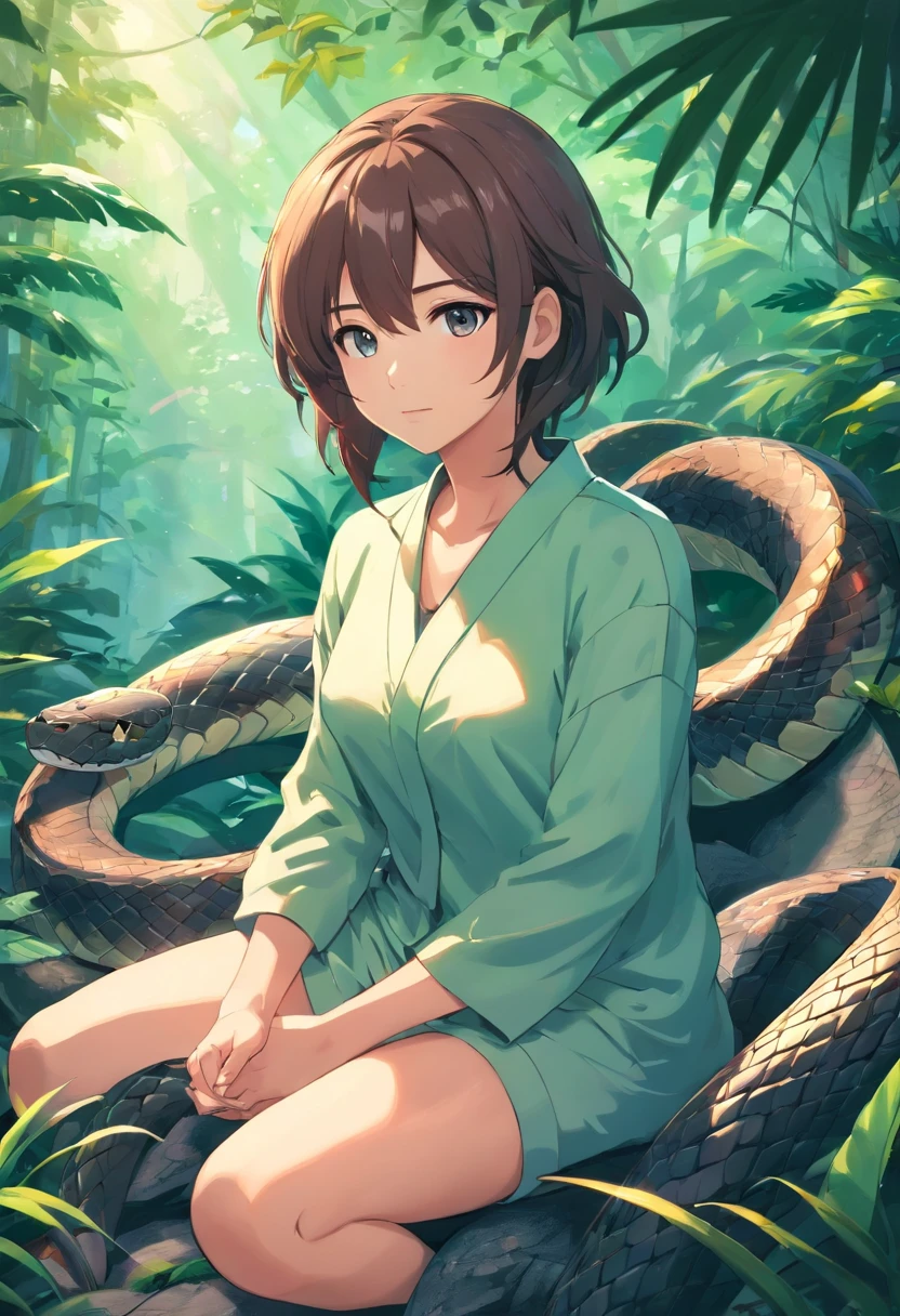 (Ancient Europe:1.2),(Best quality,A high resolution,Masterpiece:1.2),(cinematic Film still from),(Dark atmosphere:1.3),Front view,(A beautiful woman sits on top of a large snake:1.1),(A 23-year-old woman with semi-long hair),(up-close,Only the upper body is shown:1.0),(Bigboobs:1.3),(Wear a loose corset,Lace trimming),(depth of fields),forest backgrou
