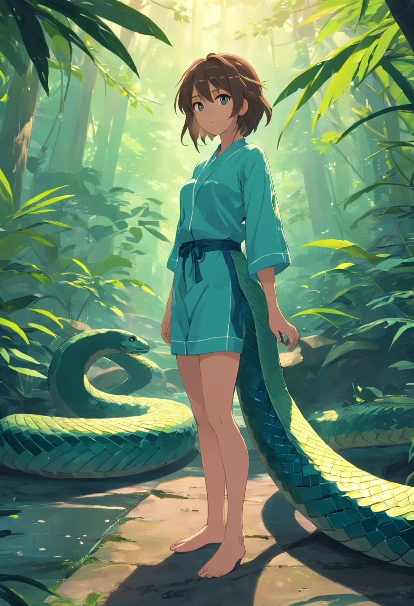 Best quality: 1.0), (Super high resolution: 1.0),(Dark atmosphere:1.2)，Solo， Raised sexy，Very sexy，Anime beauty，Wear pajamas that show your neck，(The big snake is around:1.3)，Big snake，Large snake coil，(Sit on a large group of smooth snakes:1.34)，depth of fields，Rainforest background