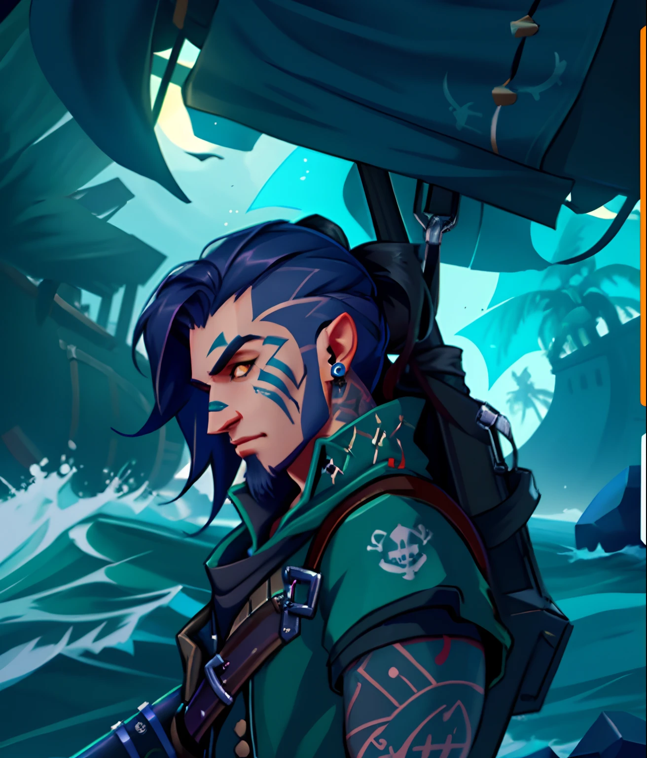a close up of a person holding a gun in a video game, sea of thieves style, sea of thieves, trending in category epic, trending on youtube, trending on deviantart, trending on 8k, trending on furaffinity, pirate setting, 8k trending, with a squid tattoo on his arms, trending on fiverr, featured on ign