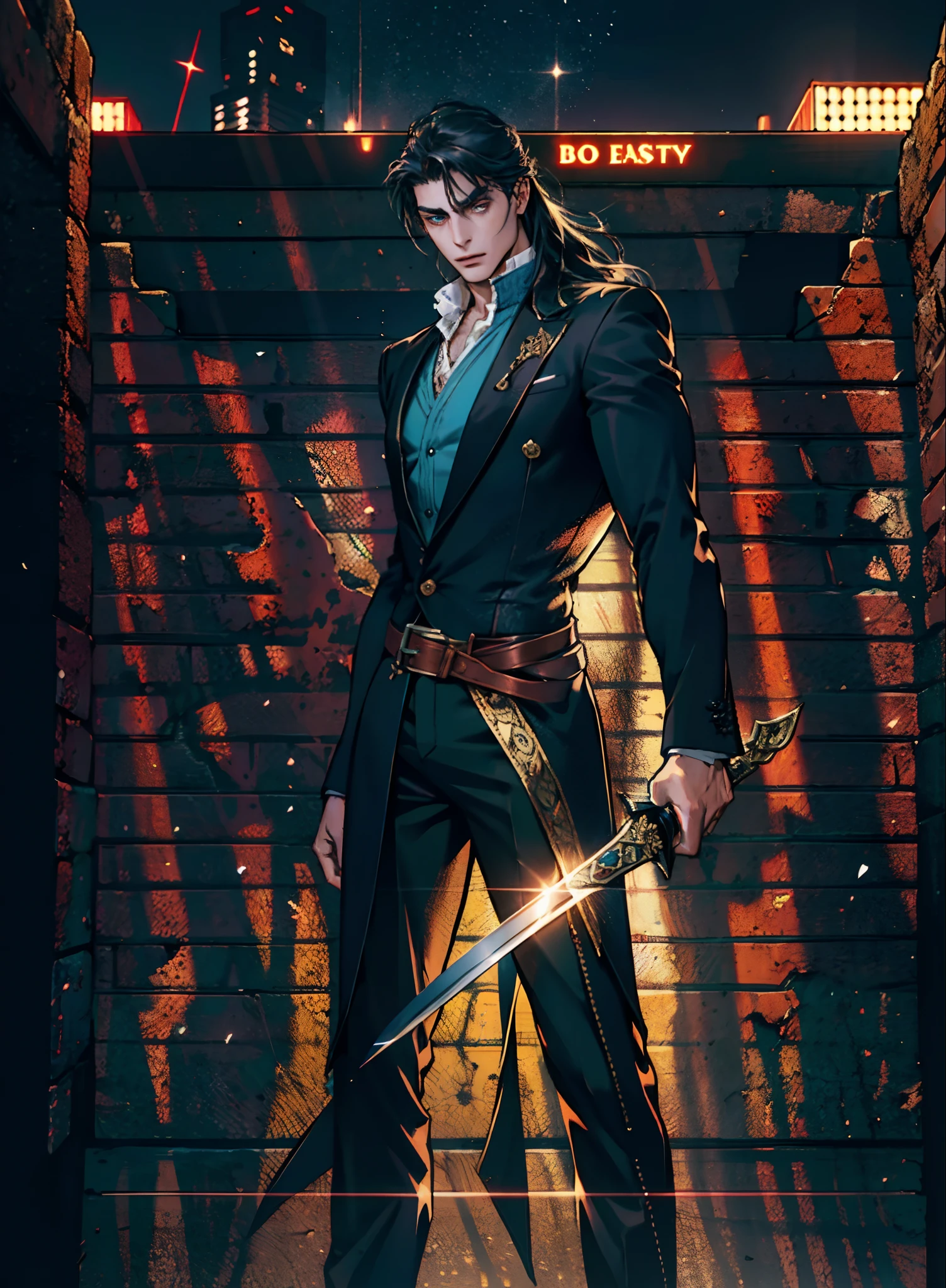 A young man with deep blue long hair, cold and resolute eyes, a slender face, handsome features, stands tall in front of a decrepit ancient city under the night sky, exudes a dignified demeanor, he wears a two-piece Western-Eastern hybrid black suit coat, matching black trousers, in each hand he holds a curved longsword emitting a faint, hazy blue glow that illuminates the surroundings, this character embodies a finely crafted fantasy-style swordsman design in anime style, characterized by a sophisticated and mature manga illustration art style, high definition, best quality, highres, ultra-detailed, ultra-fine painting, extremely delicate, professional, anatomically correct, symmetrical face, extremely detailed eyes and face, high quality eyes, creativity, RAW photo, UHD, 8k, Natural light, cinematic lighting, masterpiece:1.5