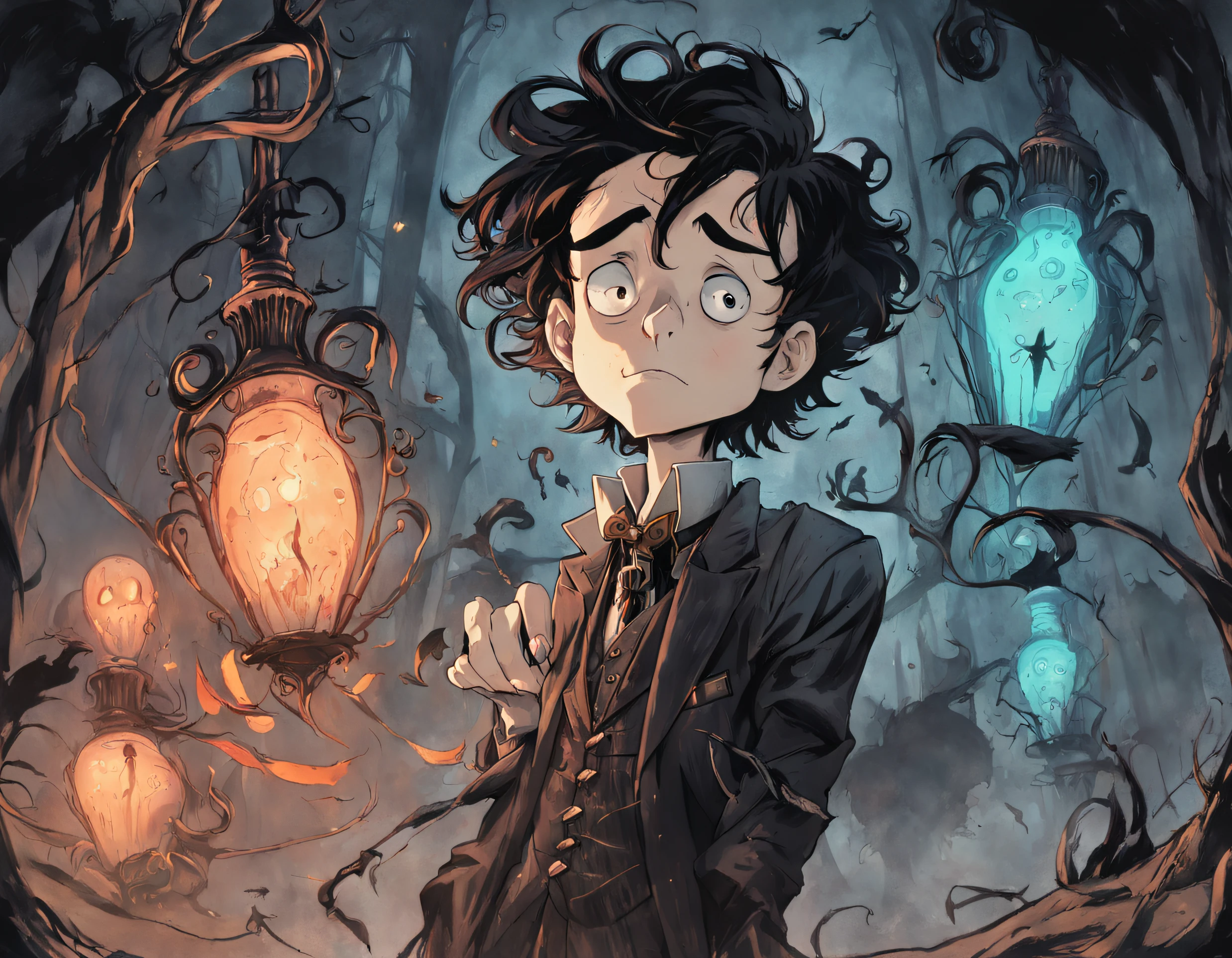 desenho  colorido de um personagem de desenho animado com um rosto assustador e um sinal assustador, No estilo de Tim Burton, Suco de besouro, Estilo Tim Burton, inspirado em j. j. Grandville, arte conceitual!!, O estilo de Tim Burton, The Cemetery!!, sombreamento!!!, arte conceitual!, cel sombreado!!!, monochrome artwork!!, inspirado em Tex Avery, Tentacle Style Day