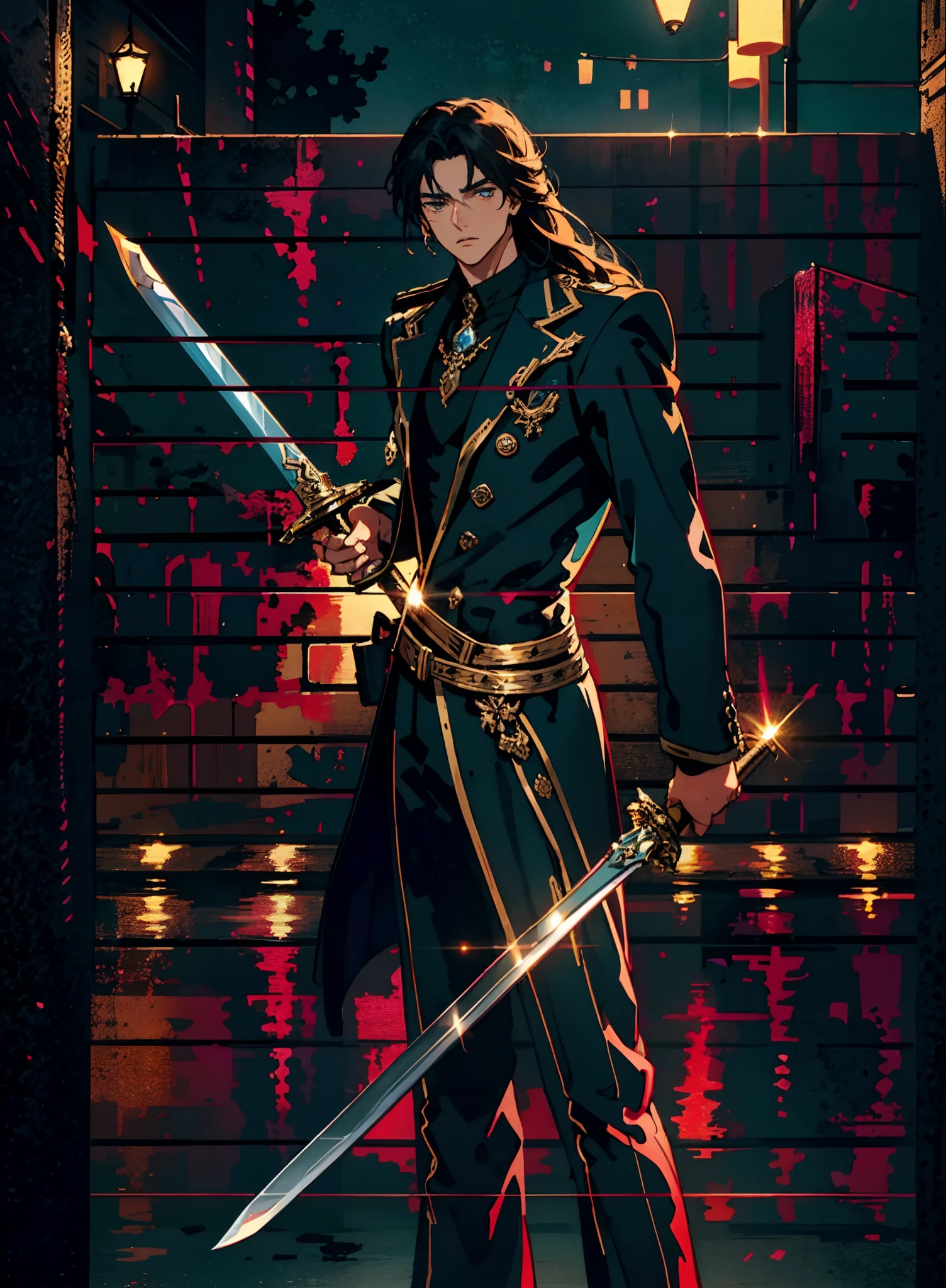 A young man with deep blue long hair, cold and resolute eyes, a slender face, handsome features, stands tall in front of a decrepit ancient city under the night sky, exudes a dignified demeanor, he wears a two-piece Western-Eastern hybrid black suit coat, matching black trousers, in each hand he holds a curved longsword emitting a faint, hazy blue glow that illuminates the surroundings, this character embodies a finely crafted fantasy-style swordsman design in anime style, characterized by a sophisticated and mature manga illustration art style, high definition, best quality, highres, ultra-detailed, ultra-fine painting, extremely delicate, professional, anatomically correct, symmetrical face, extremely detailed eyes and face, high quality eyes, creativity, RAW photo, UHD, 8k, Natural light, cinematic lighting, masterpiece:1.5