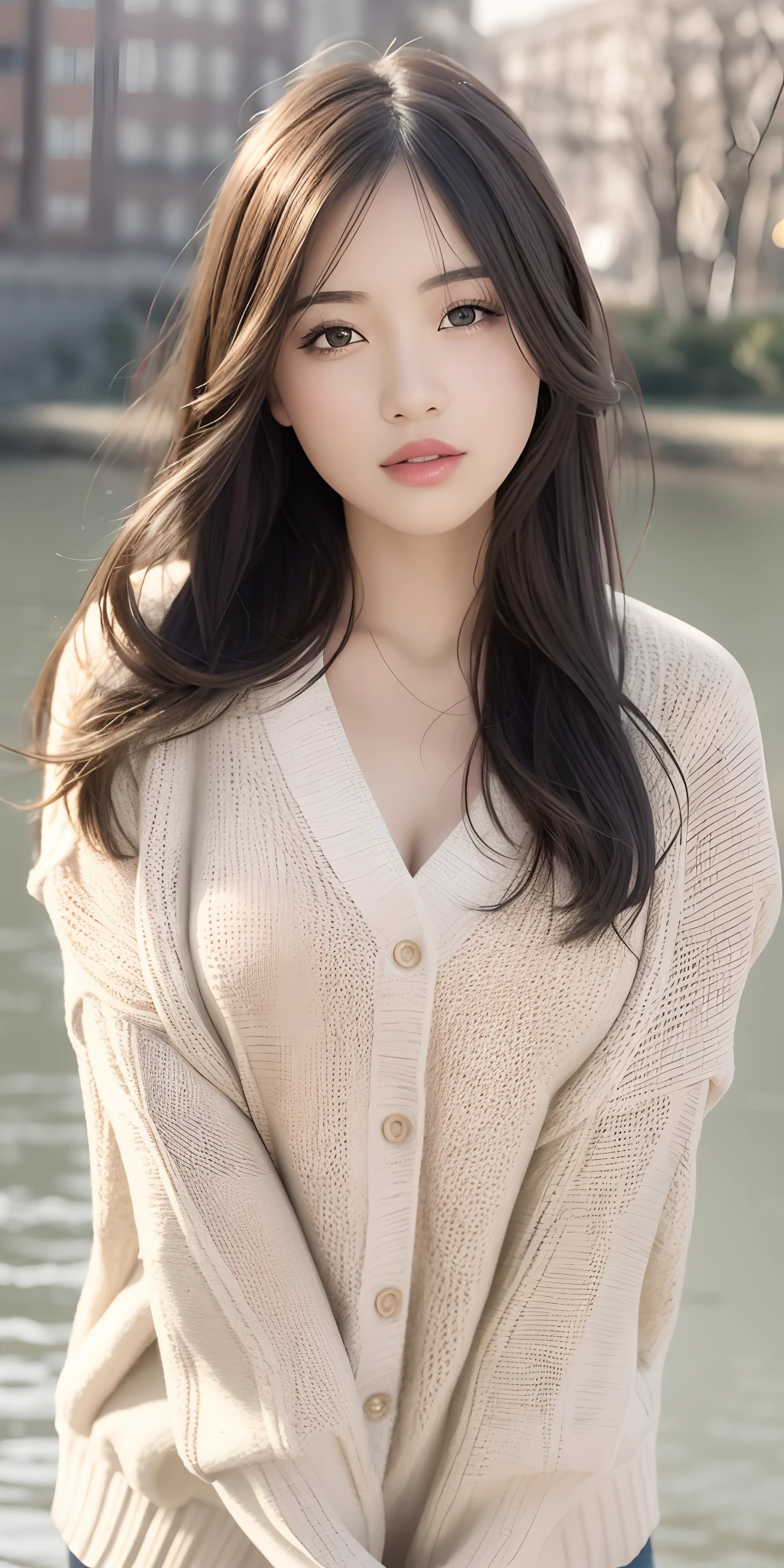 1girl walking on the river, mix4, sweater, pillow, lips, open_mouth, realistic, photo_\(medium\), solo, stuffed_animal, stuffed_toy, teddy_bear,(masterpiece),(photorealistic:1.3), ultra-detailed, (high detailed skin:1.2),(best quality:1.0), (ultra highres:1.0), (ulzzang-6500:0.3), wavy detailed hair, long hair, sunshine, (beautiful detailed makeup), (sexually aroused blushing heavy breathing:1.0), floral theme flower petals scattered, (soft glow bloom:0.5)