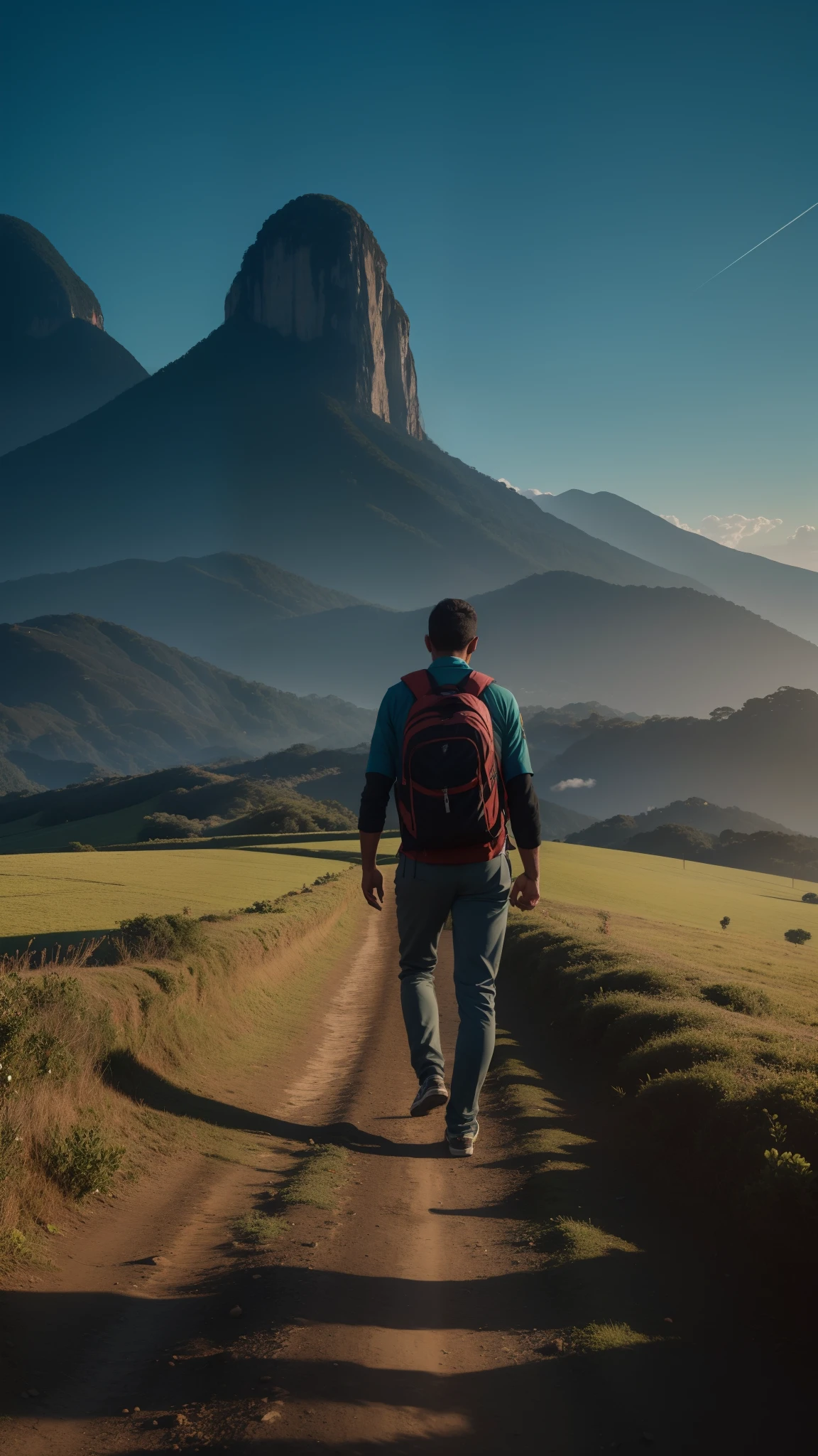 Homem, homem decente, decency, bem vestido, homem do campo, rural, Trousers, long pants, Paisagem, Natureza, rios, river, sunset, por do sol, Mountain, montanhas, caminhos, caminho, Path to Heaven, palmeiras, Corpo realista, corpo detalhado, Fotorrealismo corporal, sozinho, caminho reto, vista natural, divino, nuvens, nuvem, heavens, heaven, heaven, piso, detailed sky, caminho rumo a, Costas, Manly man, viril, vigoroso, forte, bem vestido, decente, andar, Correr, caminho, caminho da beleza, Life trajectory, Natureza, lugar lindo, paradis, de costas, Indo, heaven, Deus, heavens, Caminho, caminho da beleza, Lugar com rio, palmeira, Campos, beleza natural, Natureza, caminhada masculina, Caminhe no caminho, floresta, florestas, Rio, Rios, beleza, caminho reto, Towards the Heavens, celestial, olhando o caminho reto, renderizado, fotorrealista, Ultra HD | |, 4k, texturas detalhadas, cores futuristas, cores detalhadas, Contraste realista, contraste detalhado, sombras detalhadas, Sombras realistas, Alta repisoução, 8k, Nitidez realista, nitidez detalhada, 8k realism, Contraste realista, contraste detalhado, cores realistas detalhadas, Cores Naturais realistas, highes definition, nitidez detalhada,