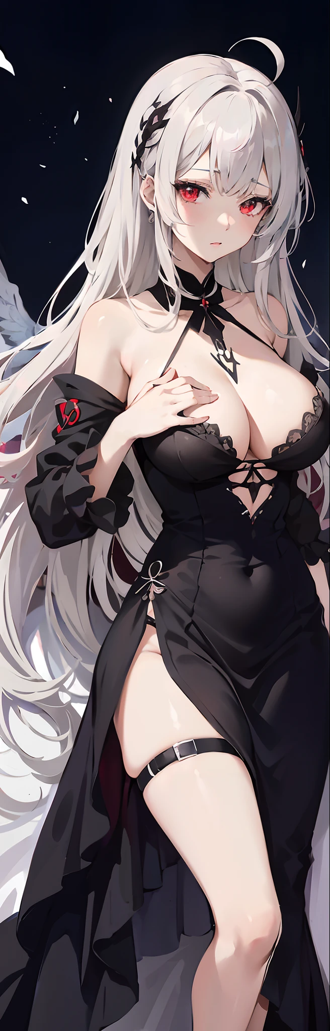 anime - style image of a woman in a black lingerie, 1girl,bishoujo,stare,red eyes,beautiful detailed eyes,long hair,white hair,silver_hair,Wing-like bangs，Dull hair,ahoge,Hair rings,Half tied hair, cold, fine details. girls frontline,  in dress, from girls frontline, anime girl wearing a black dress, seductive anime girl, white haired deity, cute anime waifu in a nice dress, revealing clothes, beautiful alluring anime woman, fine details. anime, gothic maiden anime girl