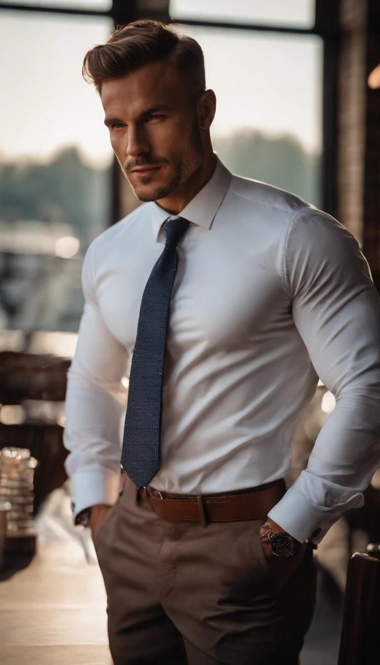 1man,
bis 30 und.o muscular man, wearing a long-sleeved white shirt and tie, Kaffee trinken,
Sanftes Licht,
Meisterwerk, best quality, 8K UHD, DSLR, Filmkorn, Fujifilm XT3 fotorealistische Malerei von Midjourney und Greg Rutkowski