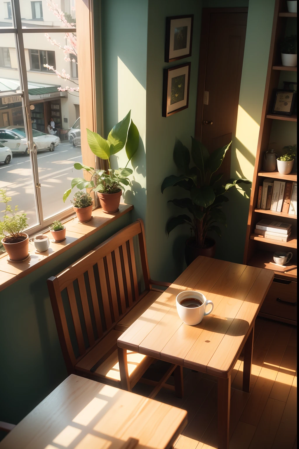 Small Fresh, coffeehouse, Early morning sun, blossoms, Wooden furniture, Window seat, Soft lighting, coffee mug, latte art, Eco-friendly cup, Green plant decoration, Leisurely time, terrazzo, Overflowing books, Relaxed atmosphere, youthfulness, unwind, Cafe culture