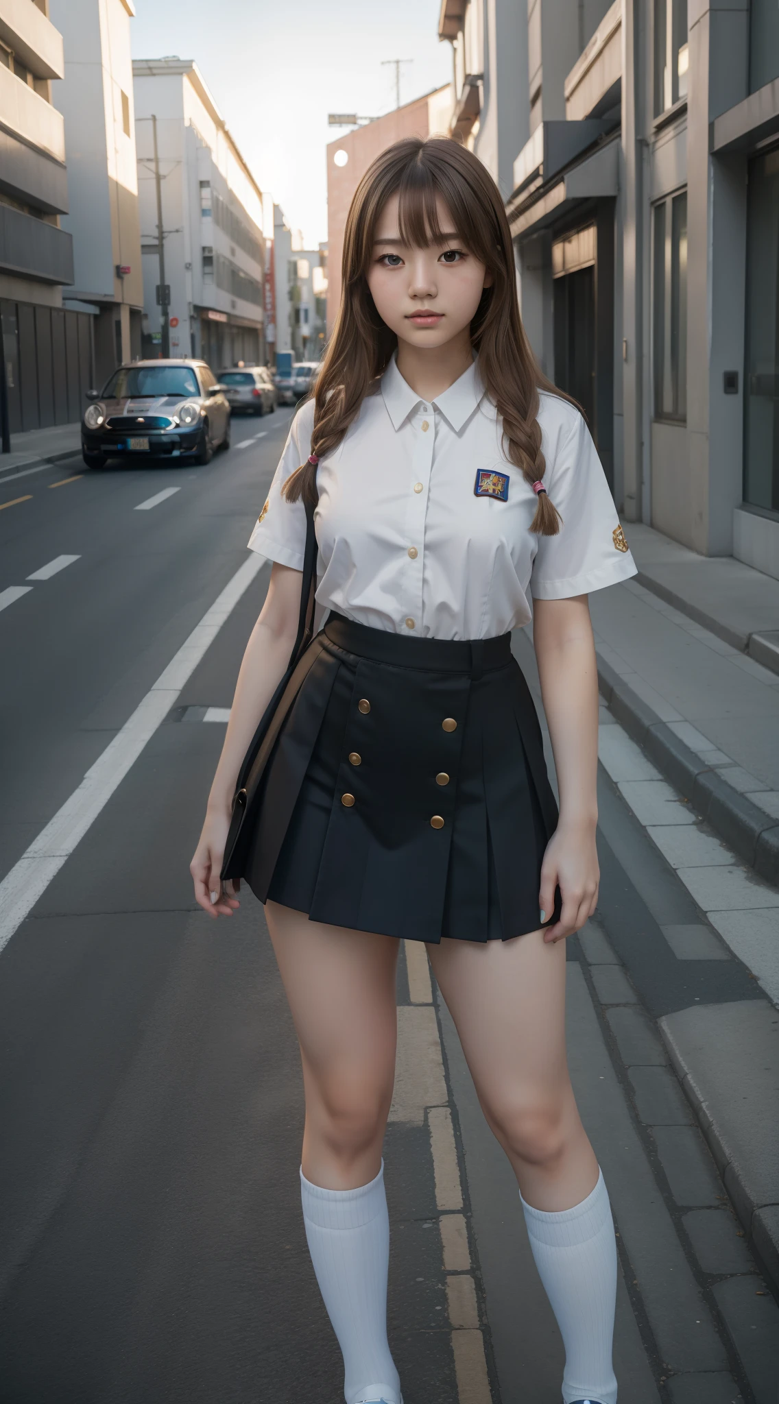 ((8k:1.27), best quality, masterpiece, golden ratio, ultra highres:1.2) Photo of cute idol girl
 (beautiful:1.1) (sci-fi warrior woman:1.1), cute russian girl, 17 years old, fantasy, detailed, street photography, Hasselblad camera, depth of field, max lighting, random hair, random hair color, solo girl, 1 girl, chubby body, full body photography, japanese school uniform, mini skirt