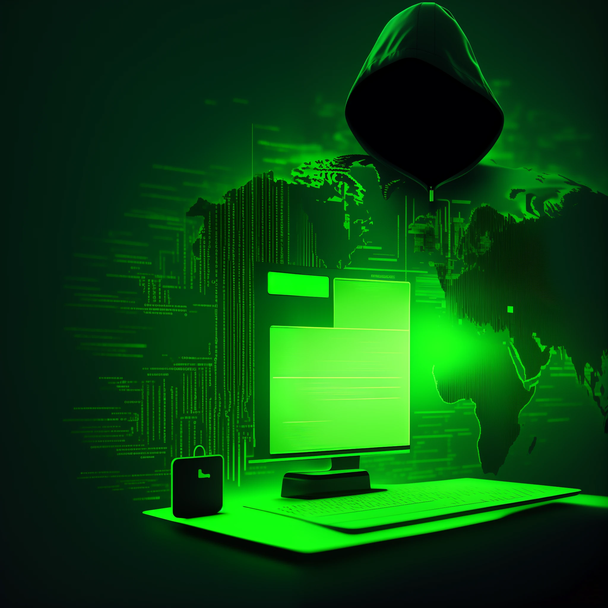 dreamlikeart, hacker's display, black background, green scripts, control the world