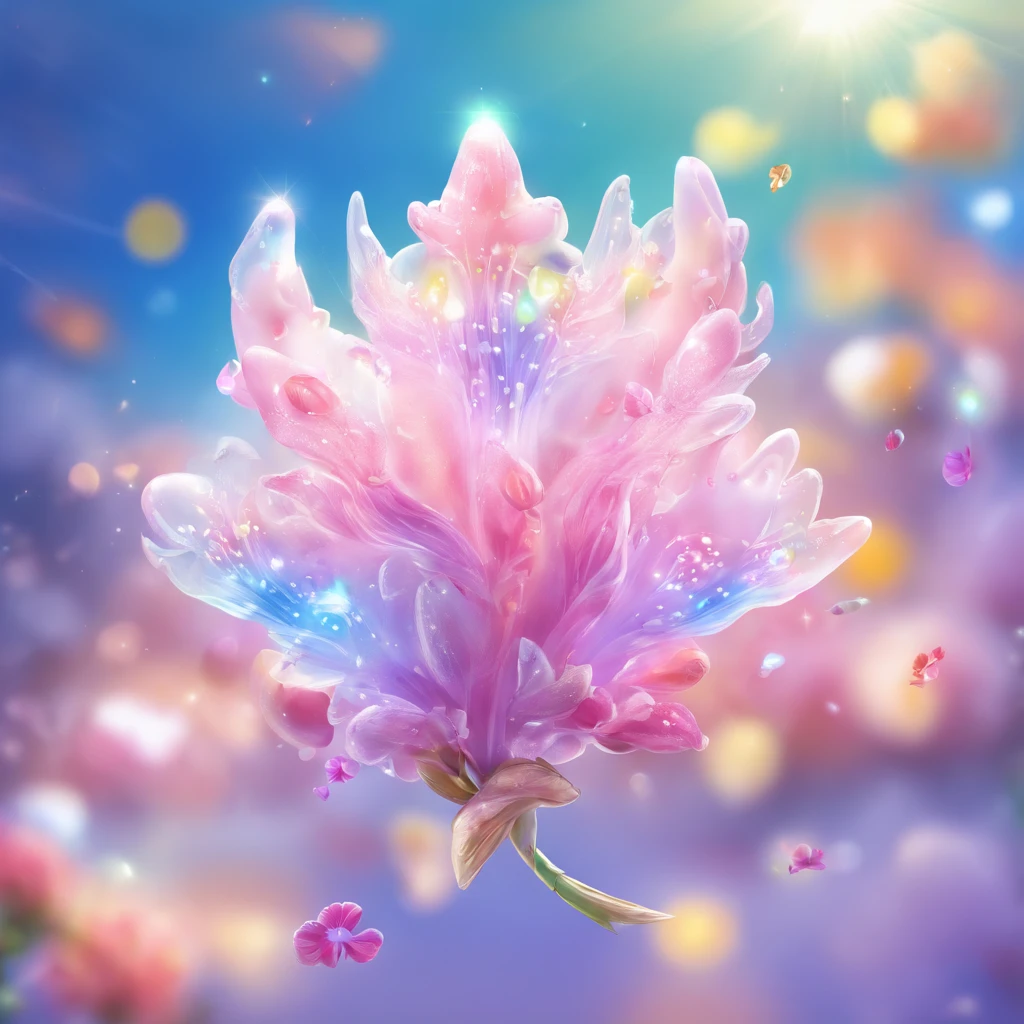 Bouquet of delicate flowers hyacinth, super transparent, Holy Light, beautiful spectral light, petals glow, flashes, Dark background, drops of transparent light, reflective light, Bright, light flowing in, optics, portrait profile, Sharp Focus, Magical, Convoluted, A hyper-realistic, Fantasy, Composition, light, Trending in art stations, pearls, Silver vapor Patronus cloud, Family of corrosive enveloping rays, 8K, urea air 23V4 upright