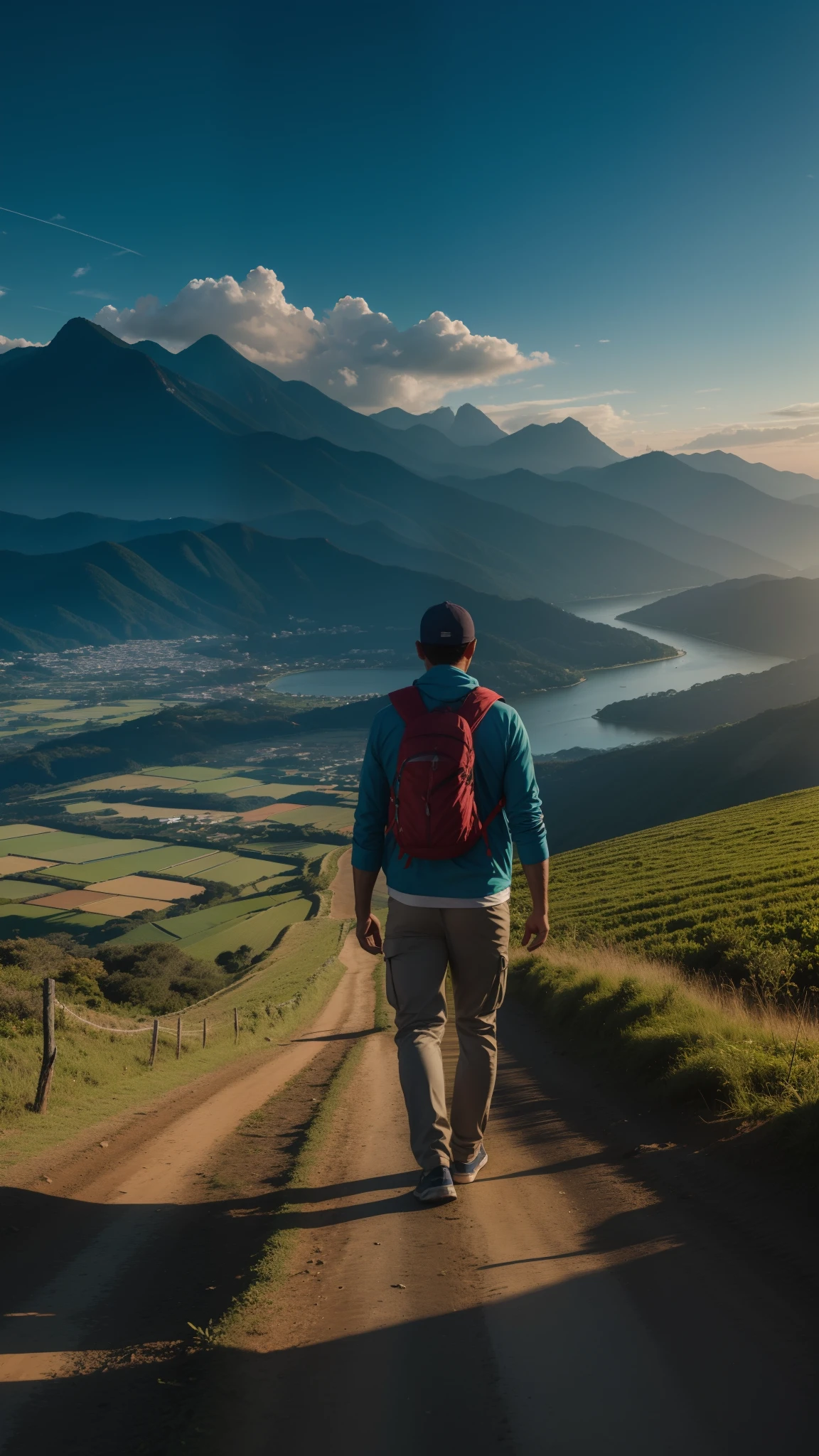 Homem, homem decente, decency, bem vestido, homem do campo, rural, Trousers, long pants, Paisagem, Natureza, rios, river, sunset, por do sol, Mountain, montanhas, caminhos, caminho, Path to Heaven, palmeiras, Corpo realista, corpo detalhado, Fotorrealismo corporal, sozinho, caminho reto, vista natural, divino, nuvens, nuvem, heavens, heaven, heaven, piso, detailed sky, caminho rumo a, Costas, Manly man, viril, vigoroso, forte, bem vestido, decente, andar, Correr, caminho, caminho da beleza, Life trajectory, Natureza, lugar lindo, paradis, de costas, Indo, heaven, Deus, heavens, Caminho, caminho da beleza, Lugar com rio, palmeira, Campos, beleza natural, Natureza, caminhada masculina, Caminhe no caminho, floresta, florestas, Rio, Rios, beleza, caminho reto, Towards the Heavens, celestial, olhando o caminho reto, renderizado, fotorrealista, Ultra HD | |, 4k, texturas detalhadas, cores futuristas, cores detalhadas, Contraste realista, contraste detalhado, sombras detalhadas, Sombras realistas, Alta repisoução, 8k, Nitidez realista, nitidez detalhada, 8k realism, Contraste realista, contraste detalhado, cores realistas detalhadas, Cores Naturais realistas, highes definition, nitidez detalhada,