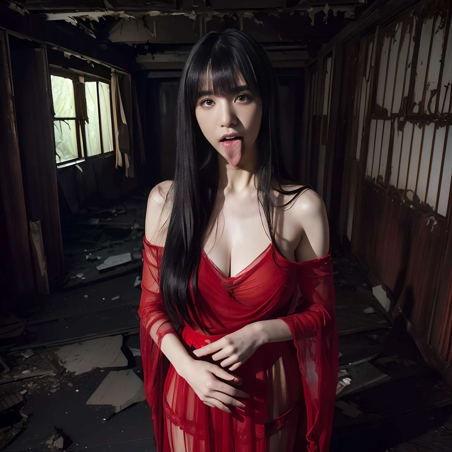 (​masterpiece, Best Quality), (Ultra-realistic portrait of the ghost of Japanese woman:1.25, Black hair, Super long hair, Super long bangs:1.7, The entire front is hidden by long bangs:1.7, look down the ground:1.2), (Japan Ghost Story, Amazing beauty, ultra gigantic tits, Excellent slim body style, Mind-boggling images, Full body shot, (sheer red dress:1.5), (Standing in an abandoned house in the Japan, tongue out:1.3, Dark atmosphere:1.5, Darkness of the night:1.5),