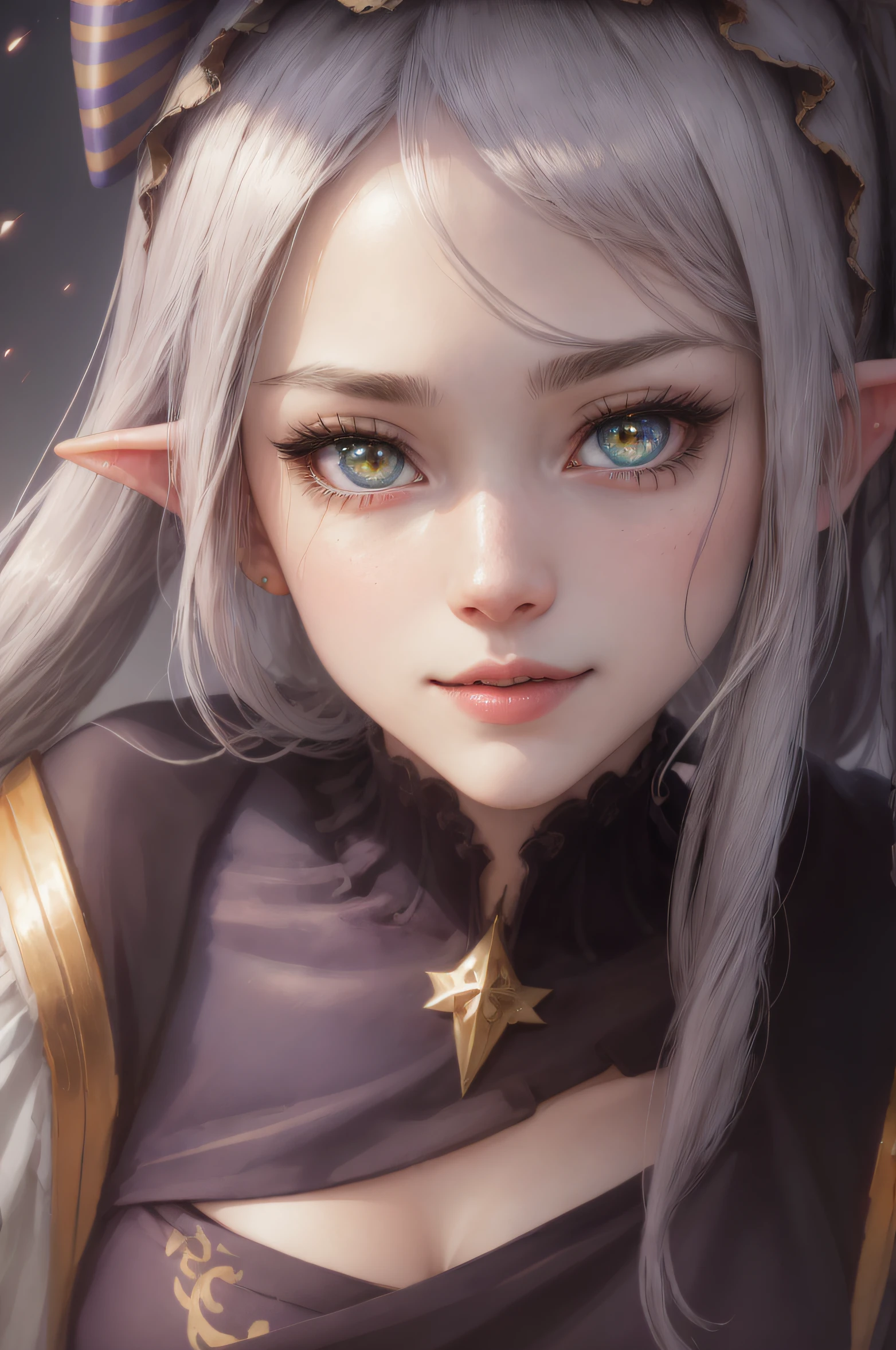 The girl leans over and looks at the camera with beautiful purple eyes and an attractive smile, black mask on the face, Beautiful long elven ears, portrait of an elf, Portrait of a very beautiful elf woman, green hair, Stars in her fixed eyes, breathtaking rendering, extreme closeup, Sweet girl, attractive anime girl, beautiful anime girl, Cute beautiful anime woman, detailed digital anime art, beautiful anime girl, beautiful anime girl, Anime with small details, Best Quality, Masterpiece, Ultra-detailed, Beautiful, hight resolution, Original,CG 8K ультрареалистичный, perfect artwork, beatiful face, Face Clean, Skin, hyper realistic, Ultra Detailed, A detailed eye, dramatic  lighting, (Realistic) Realistic, Full HD, Best Quality, Best Quality, Beautiful lighting, (8k wallpaper of extremely detailed CG unit), High Details, sharp-focus, The art of dramatic and photorealistic painting, beautiful smile, Incredibly detailed face, hyper detailed face, A face with a lot of detail, Perfect nose, gorgeous smile, A star in the eye, Perfect eye shadow, wink, Hyper-Detailed Eyes, Hyper-detailing of eyebrows, Hyper-detailed eyelashes,