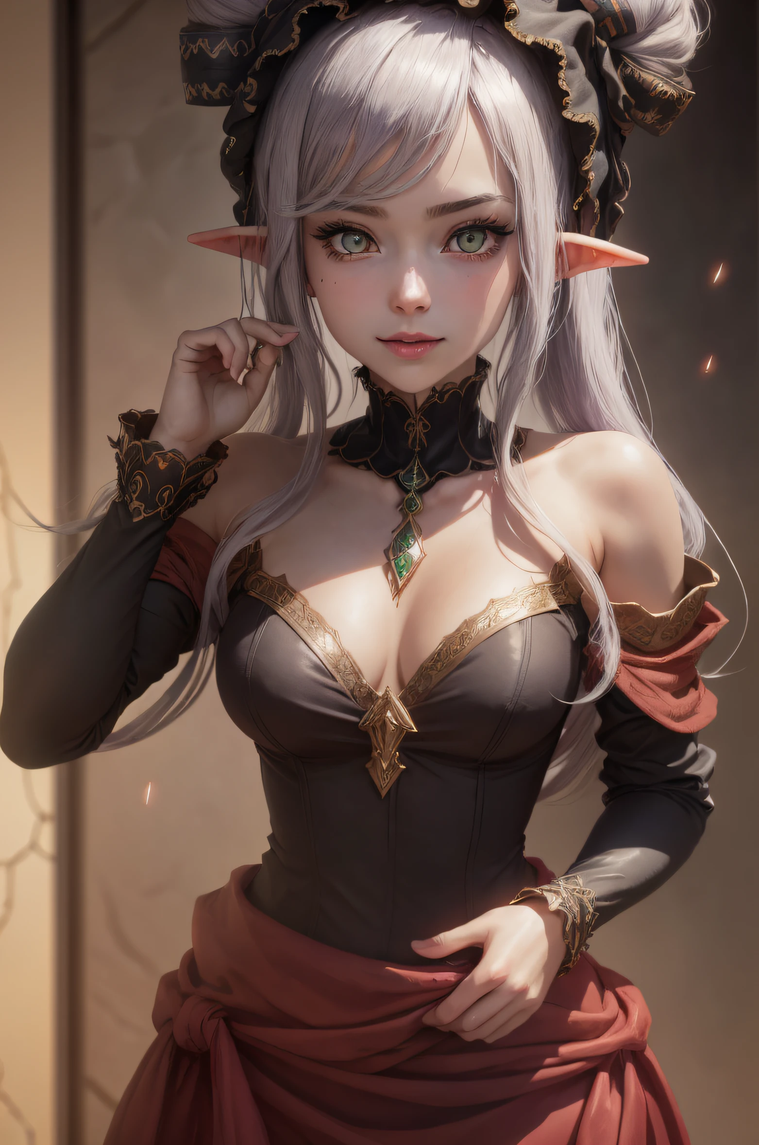 The girl leans over and looks at the camera with beautiful purple eyes and an attractive smile, black mask on the face, Beautiful long elven ears, portrait of an elf, Portrait of a very beautiful elf woman, green hair, Stars in her fixed eyes, breathtaking rendering, extreme closeup, Sweet girl, attractive anime girl, beautiful anime girl, Cute beautiful anime woman, detailed digital anime art, beautiful anime girl, beautiful anime girl, Anime with small details, Best Quality, Masterpiece, Ultra-detailed, Beautiful, hight resolution, Original,CG 8K ультрареалистичный, perfect artwork, beatiful face, Face Clean, Skin, hyper realistic, Ultra Detailed, A detailed eye, dramatic  lighting, (Realistic) Realistic, Full HD, Best Quality, Best Quality, Beautiful lighting, (8k wallpaper of extremely detailed CG unit), High Details, sharp-focus, The art of dramatic and photorealistic painting, beautiful smile, Incredibly detailed face, hyper detailed face, A face with a lot of detail, Perfect nose, gorgeous smile, A star in the eye, Perfect eye shadow, wink, Hyper-Detailed Eyes, Hyper-detailing of eyebrows, Hyper-detailed eyelashes,